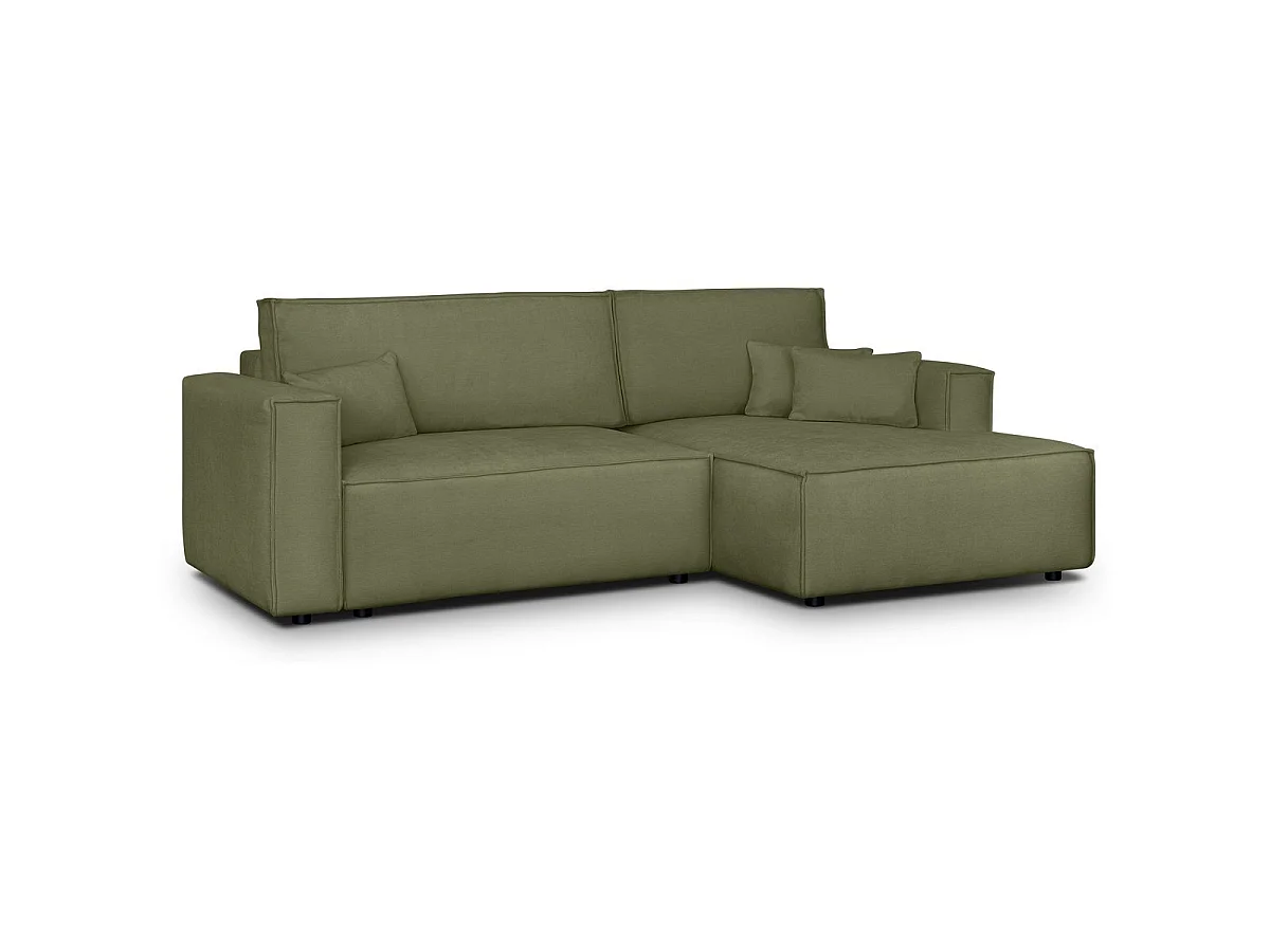 Canapé d'angle à droite convertible 3 places en tissu chenille vert olive - Asti