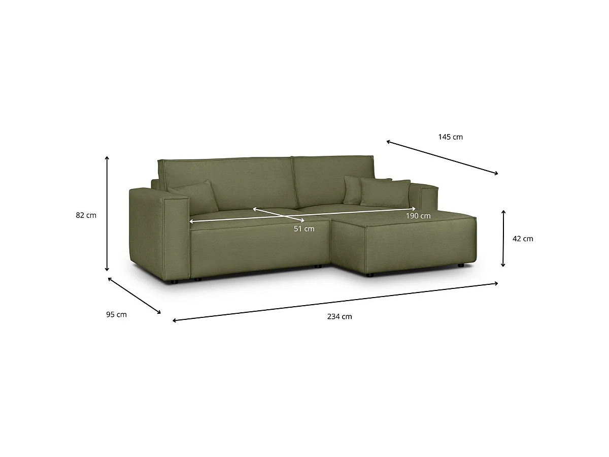 Canapé d'angle à droite convertible 3 places en tissu chenille vert olive - Asti