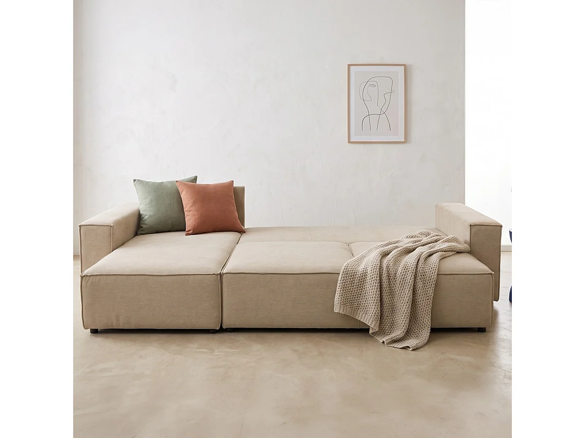 Canapé d'angle convertible réversible 5 places avec coffre de rangement en tissu chenille beige foncé - Harper