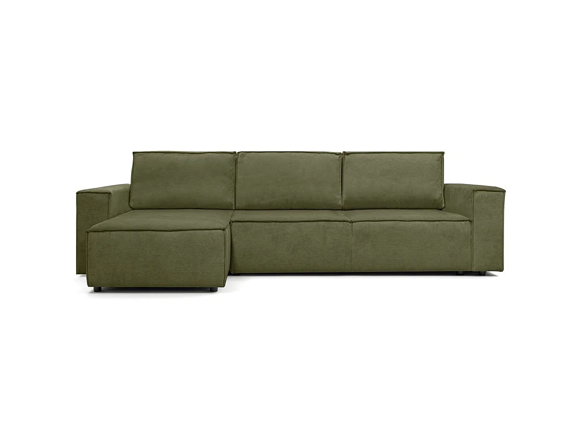 Canapé d'angle convertible réversible 5 places avec coffre de rangement en tissu chenille vert olive - Harper