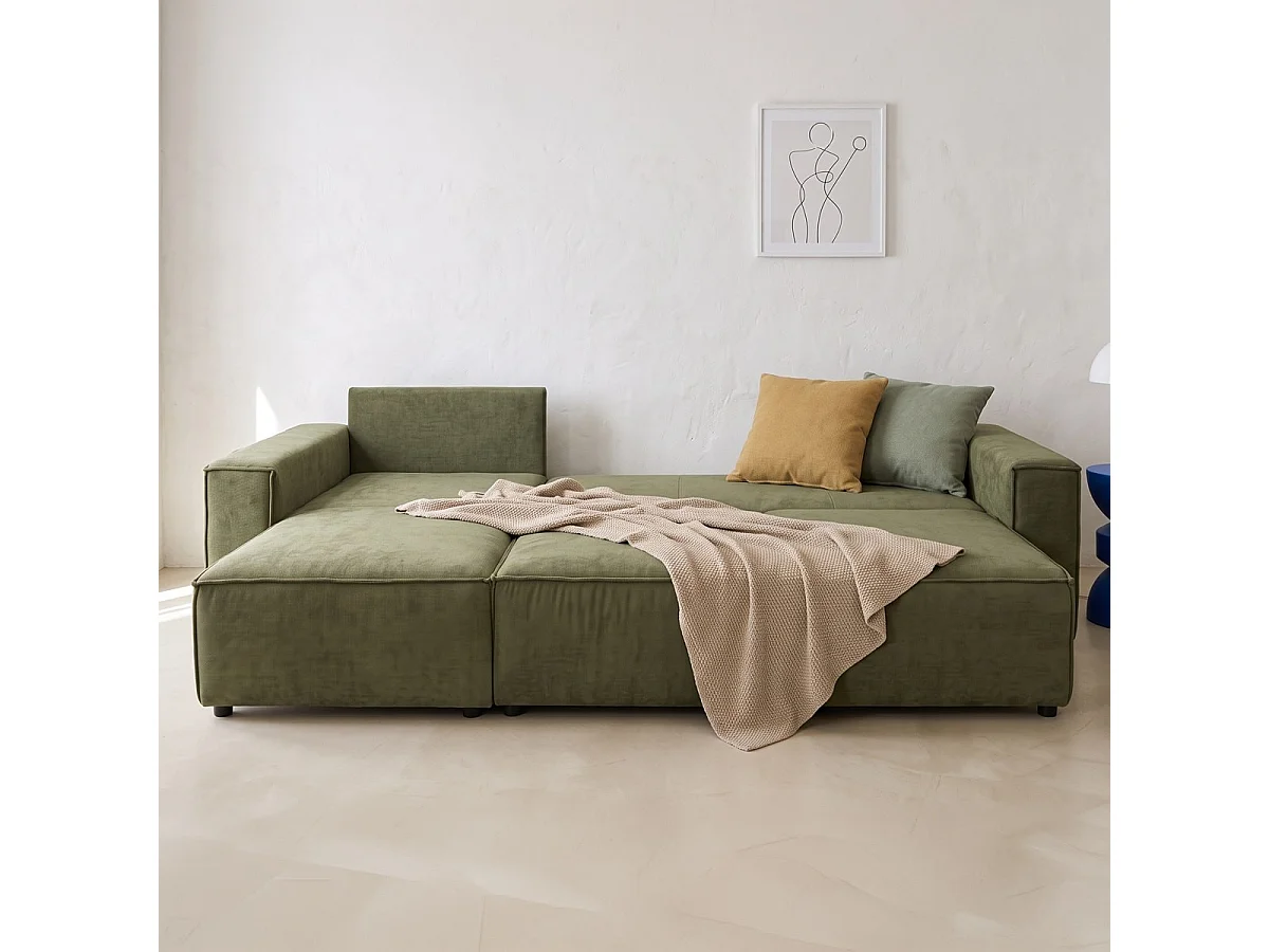 Canapé d'angle convertible réversible 5 places avec coffre de rangement en tissu chenille vert olive - Harper