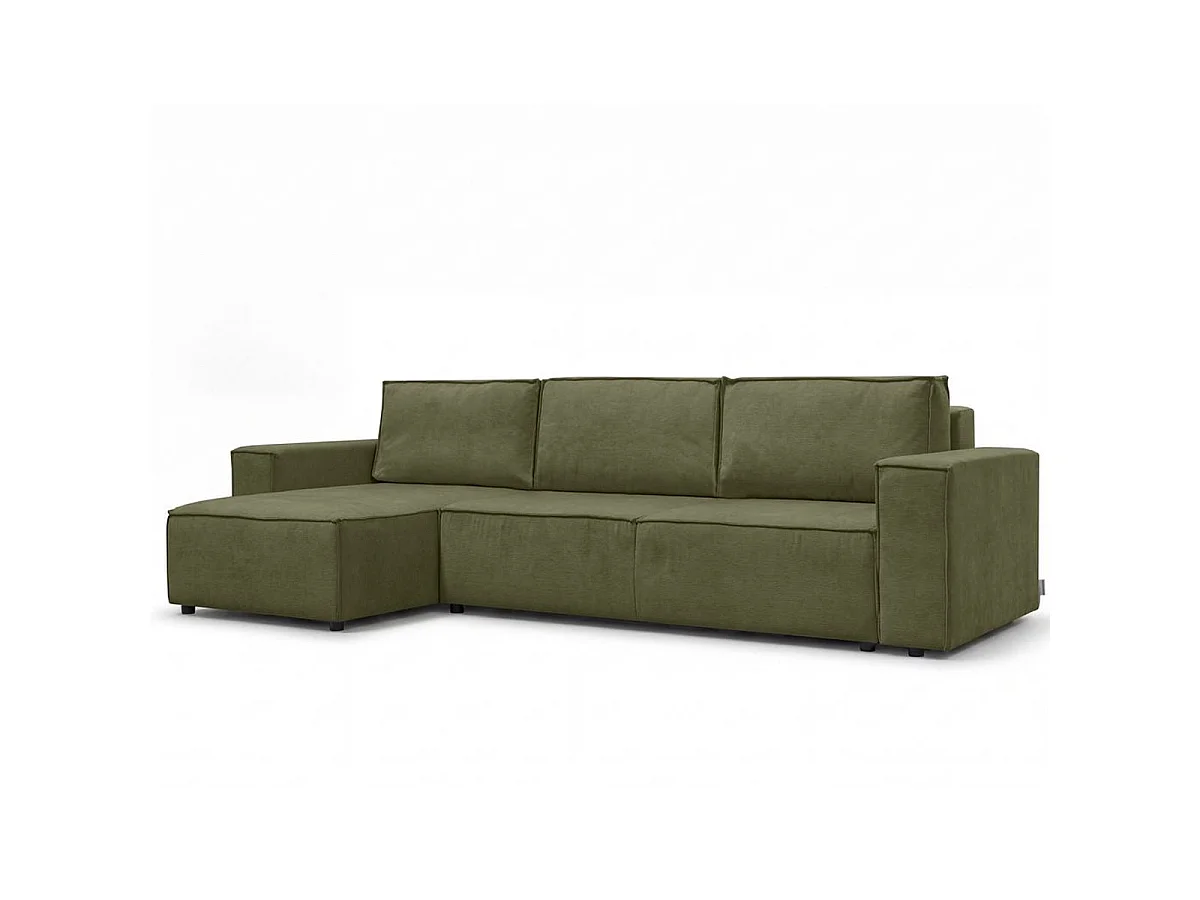 Canapé d'angle convertible réversible 5 places avec coffre de rangement en tissu chenille vert olive - Harper