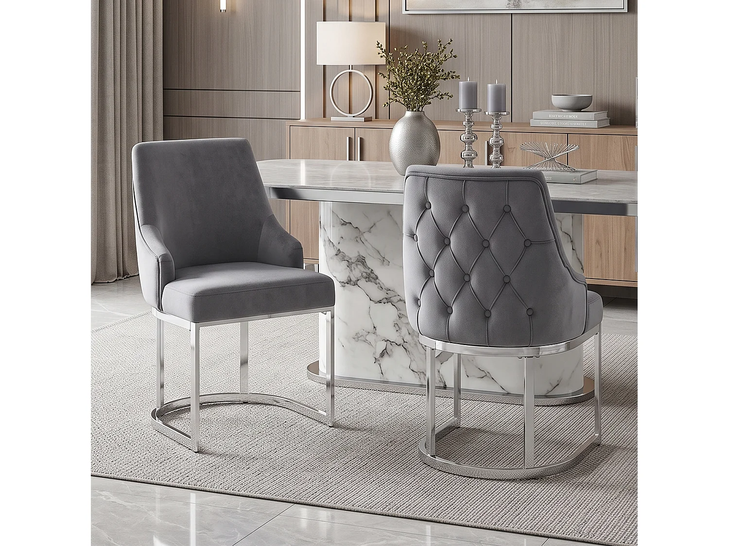 6er-Set armlose Esszimmerstühle mit gesteppter Rückenlehne – Samt und Metall – 59 x 55 x 89 cm – Grau + Silber