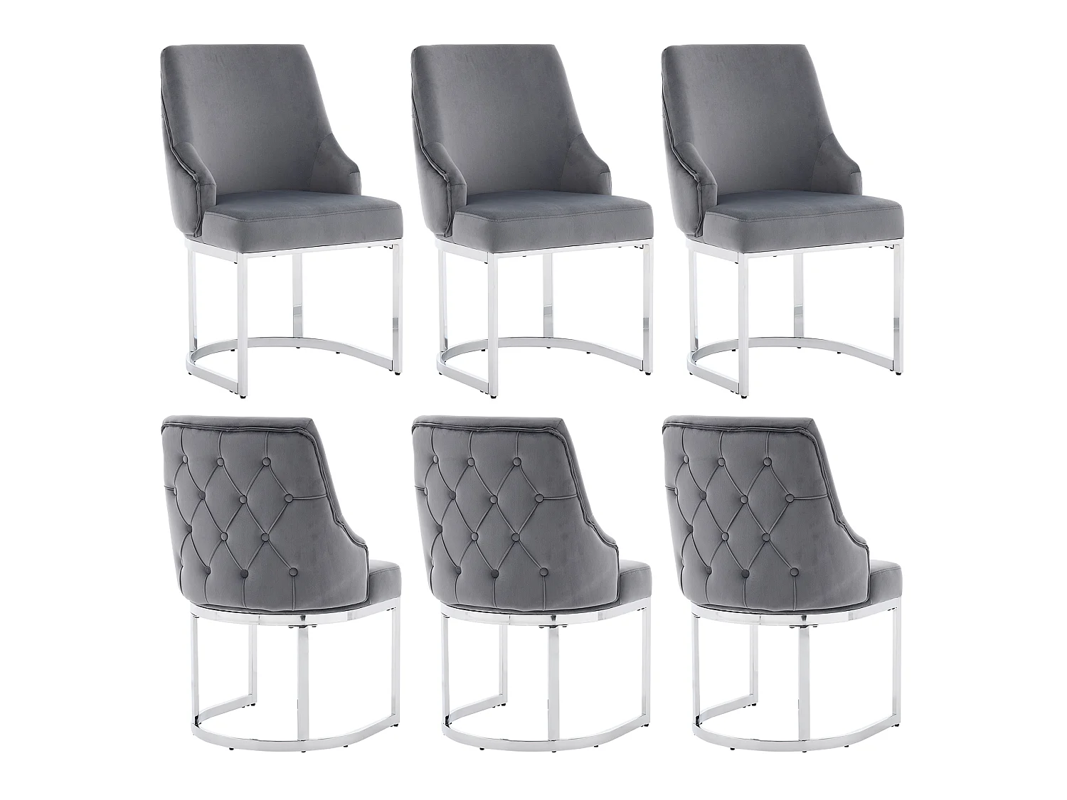 6er-Set armlose Esszimmerstühle mit gesteppter Rückenlehne – Samt und Metall – 59 x 55 x 89 cm – Grau + Silber