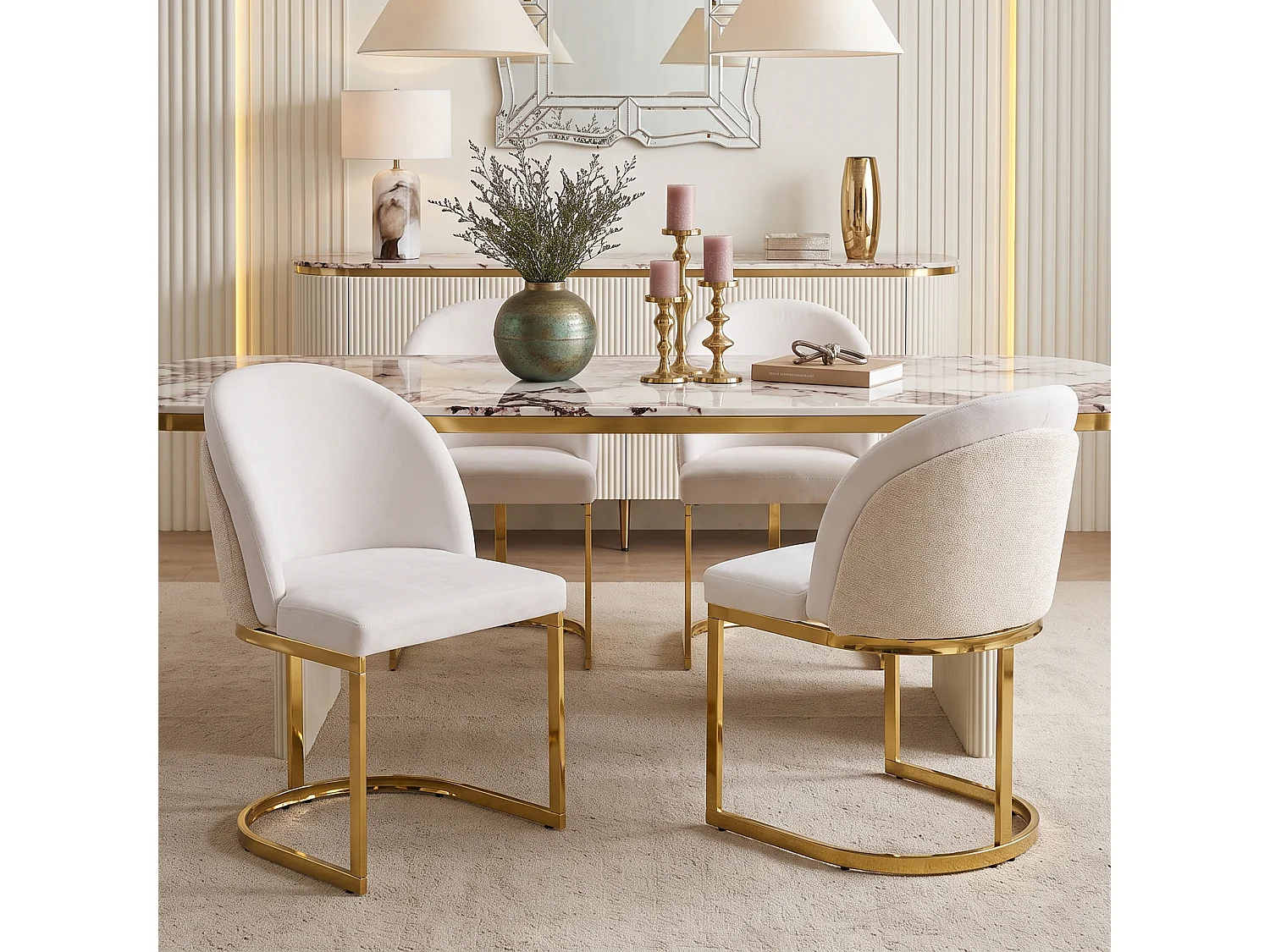 Conjunto de 6 cadeiras de jantar sem braços com pés de metal galvanizado - Chenille e metal - 59 x 52 x 85 cm - Bege + dourado