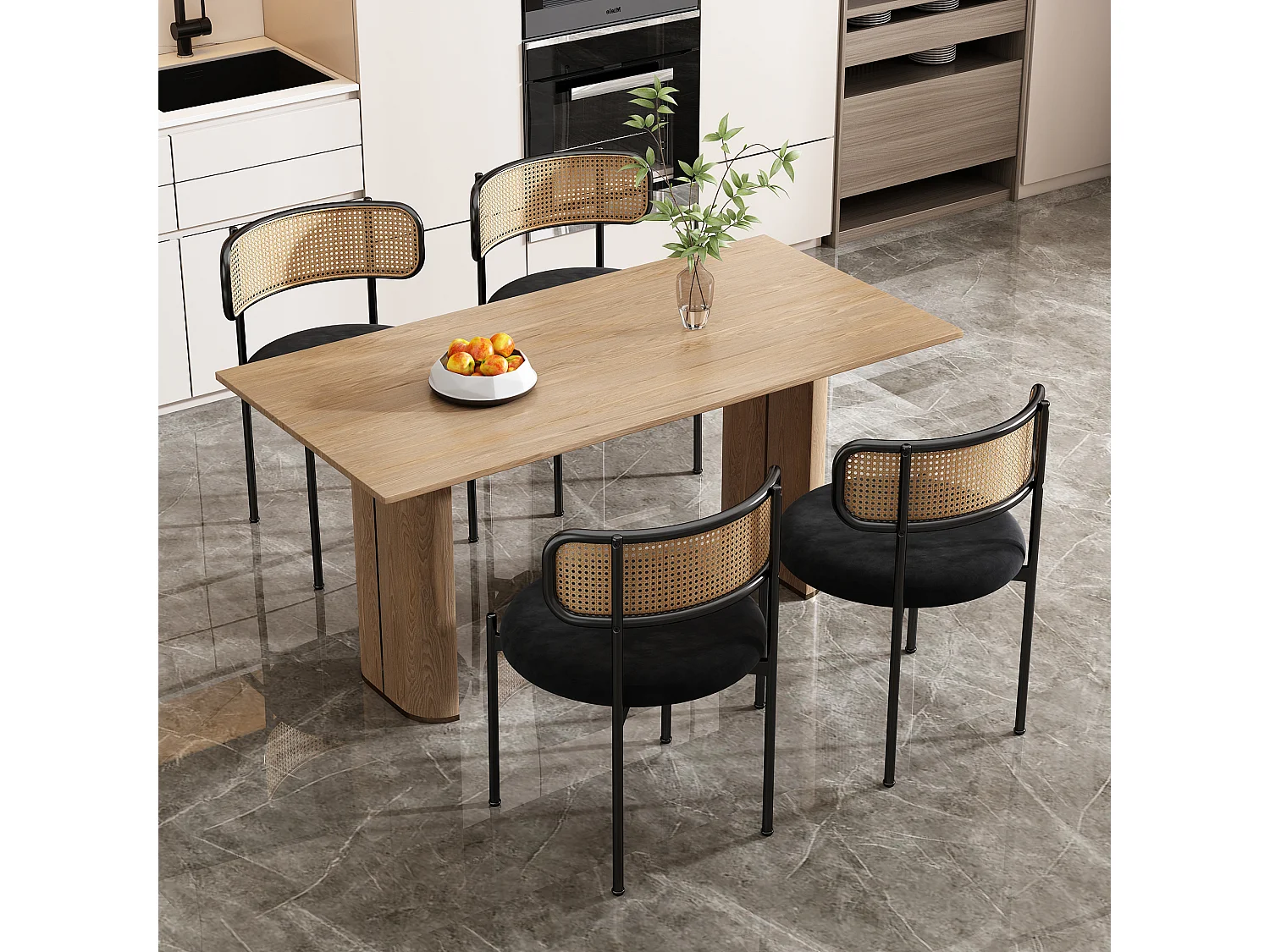 Lot de 4 chaises de salle à manger sans accoudoirs - Siège rond en velours, dossier en rotin et pieds en métal - Noir