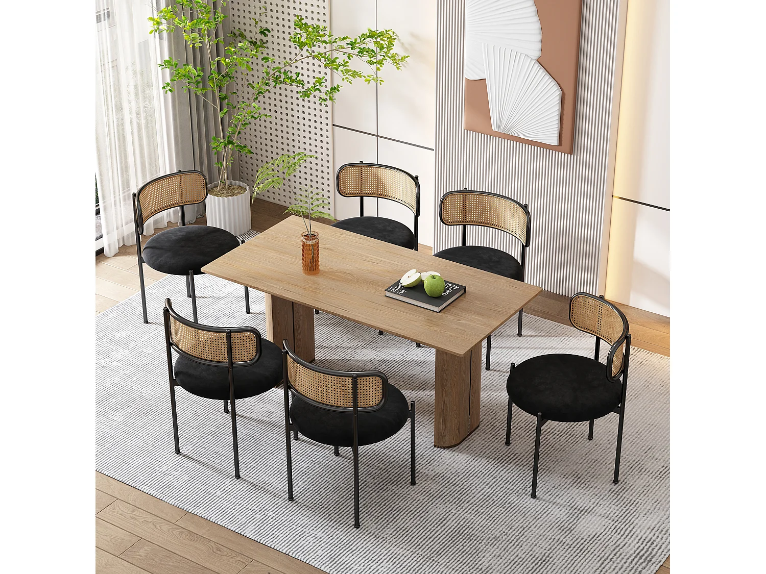 Lot de 4 chaises de salle à manger sans accoudoirs - Siège rond en velours, dossier en rotin et pieds en métal - Noir