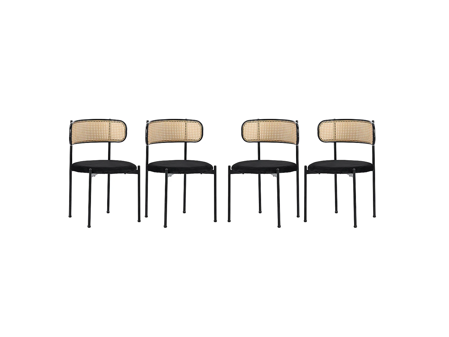 Lot de 4 chaises de salle à manger sans accoudoirs - Siège rond en velours, dossier en rotin et pieds en métal - Noir
