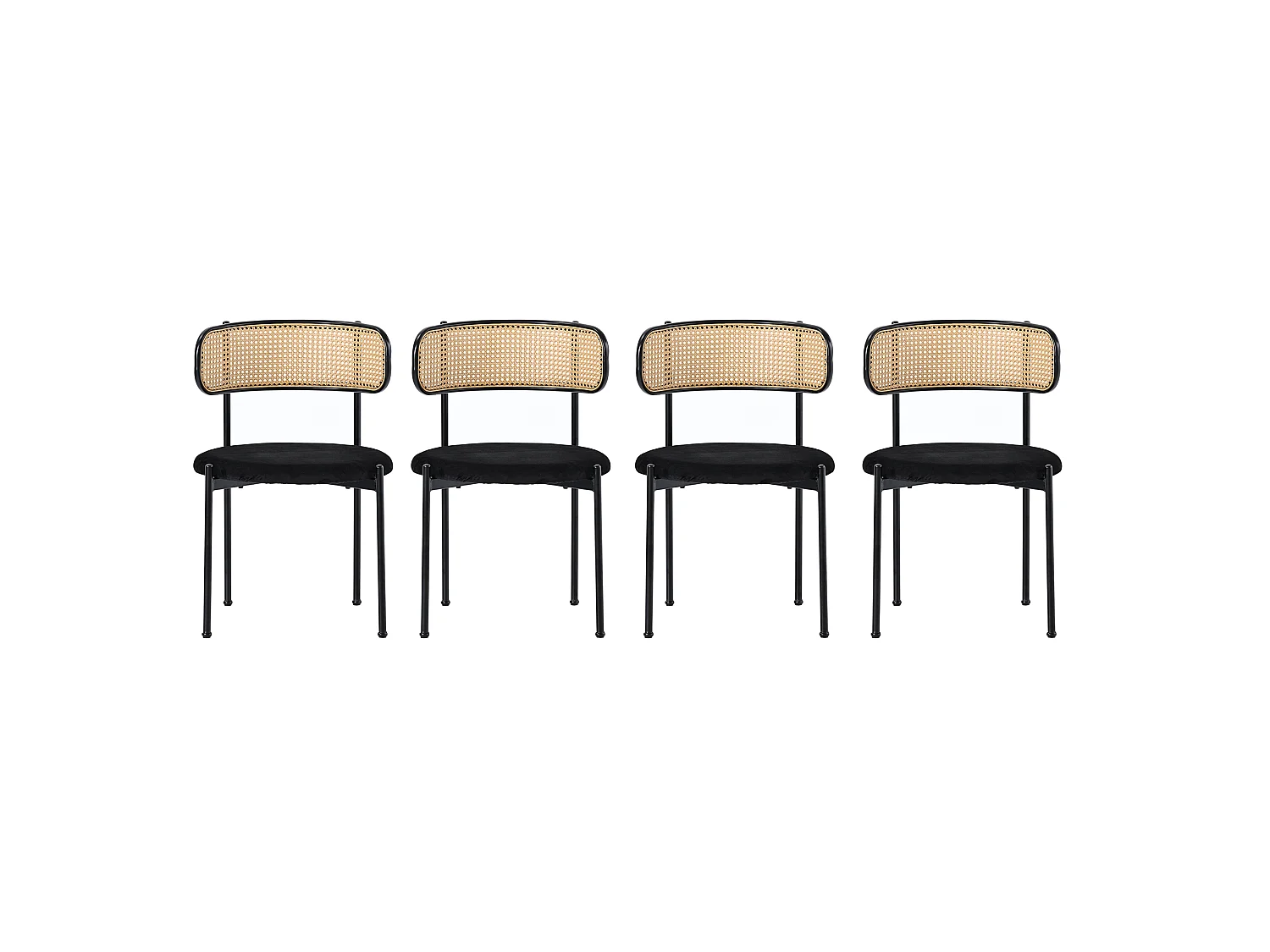 Lot de 4 chaises de salle à manger sans accoudoirs - Siège rond en velours, dossier en rotin et pieds en métal - Noir