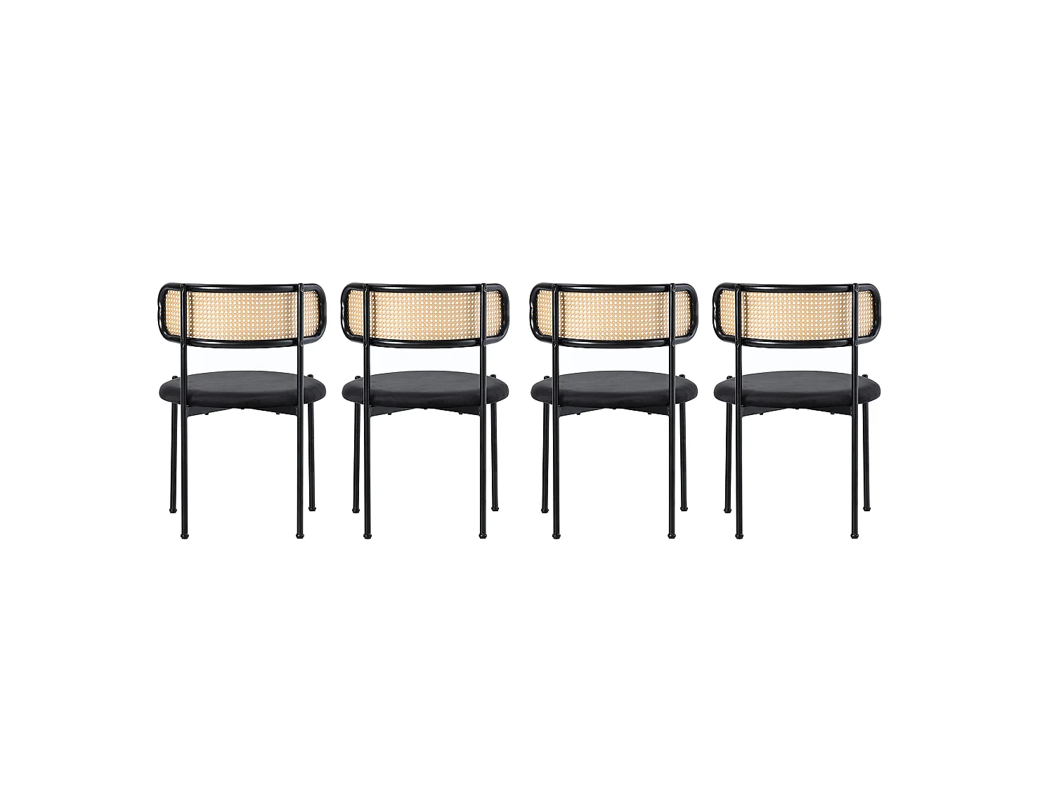Lot de 4 chaises de salle à manger sans accoudoirs - Siège rond en velours, dossier en rotin et pieds en métal - Noir