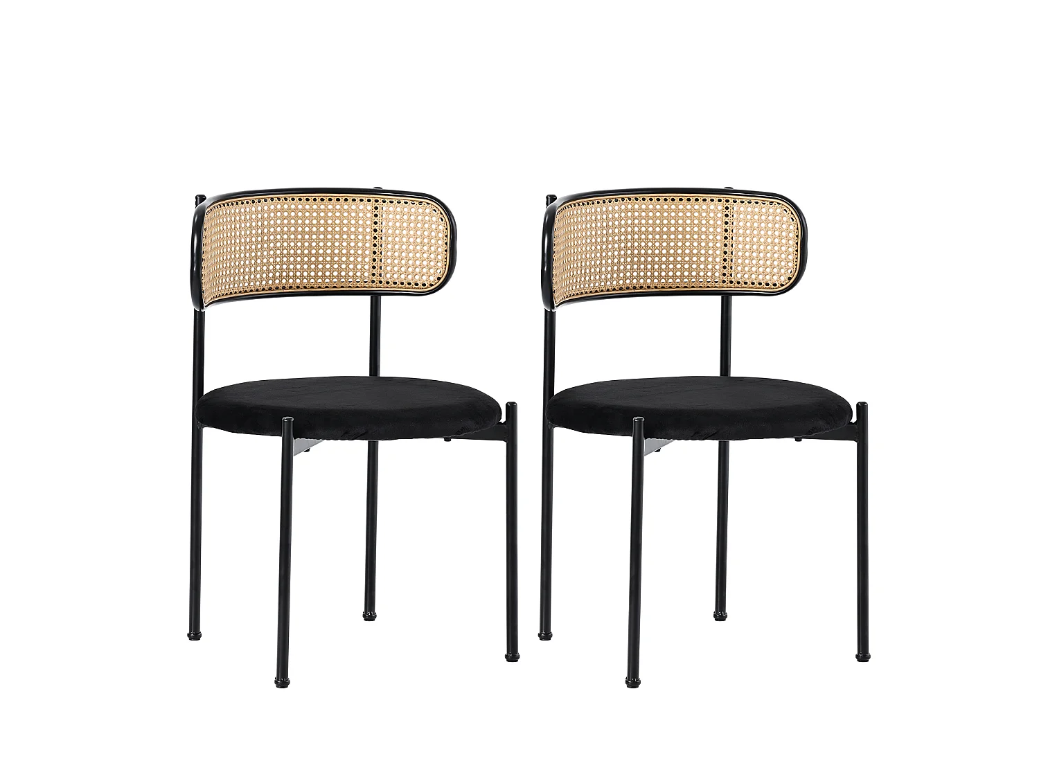 Lot de 4 chaises de salle à manger sans accoudoirs - Siège rond en velours, dossier en rotin et pieds en métal - Noir