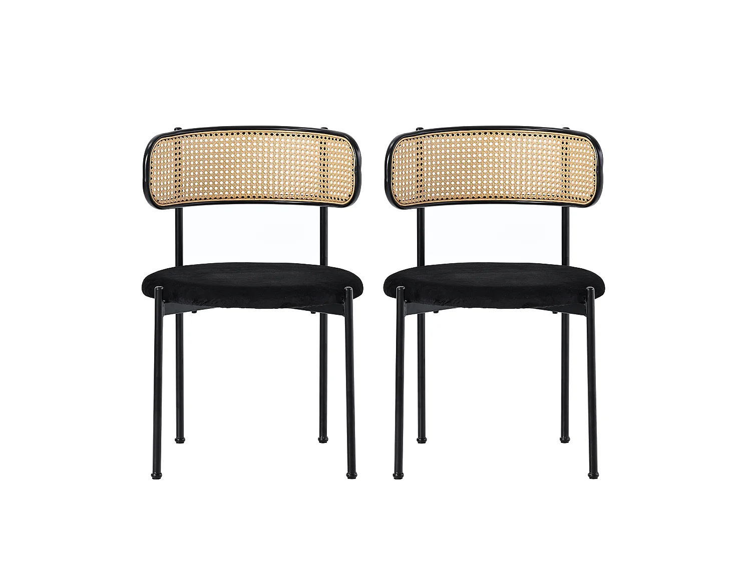 Lot de 4 chaises de salle à manger sans accoudoirs - Siège rond en velours, dossier en rotin et pieds en métal - Noir
