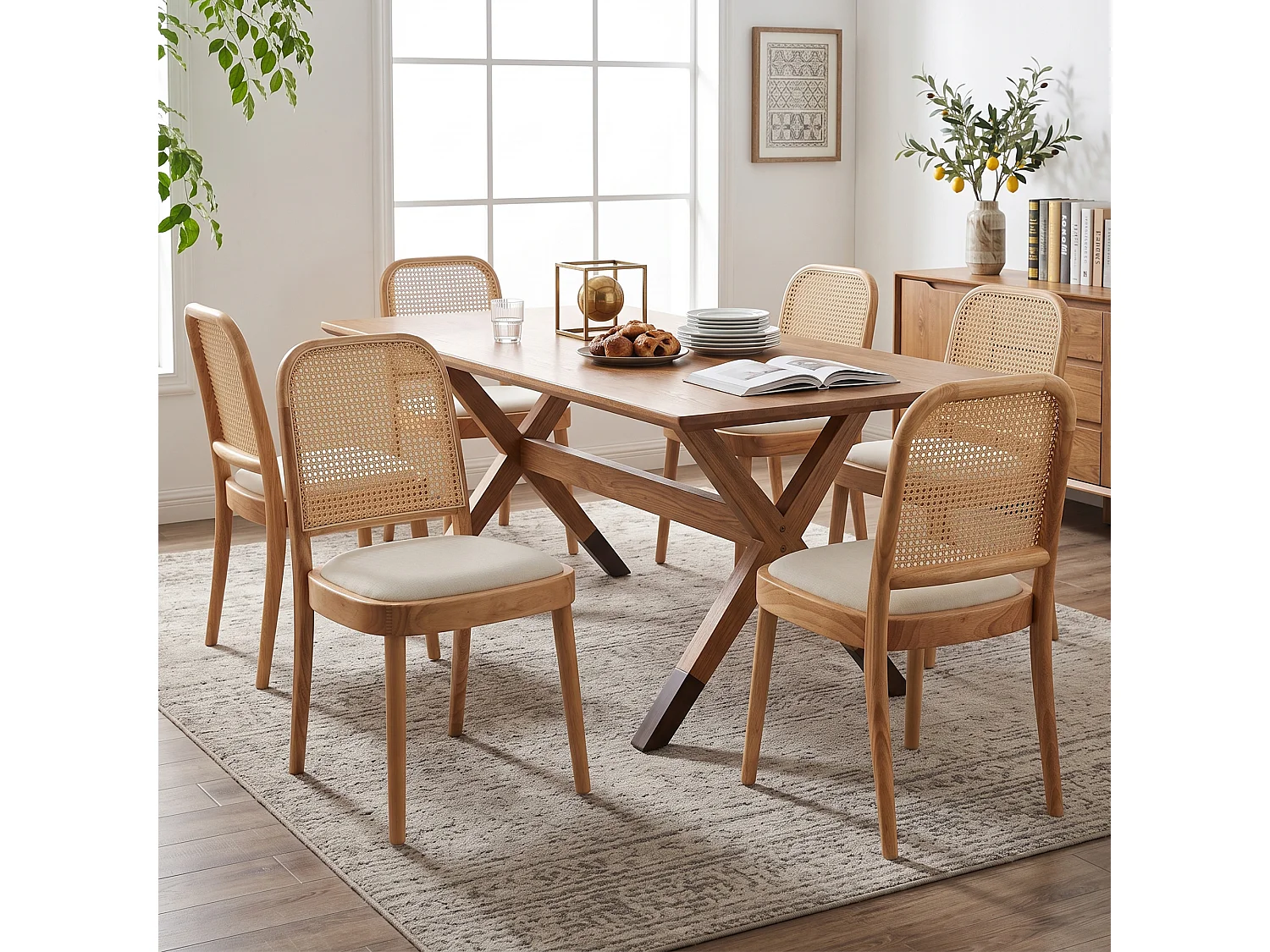 Set van 2 armloze eetkamerstoelen met rotan rugleuningen - Massief hout, rotan en linnen - 52 x 45 x 84 cm - Natuurlijk hout