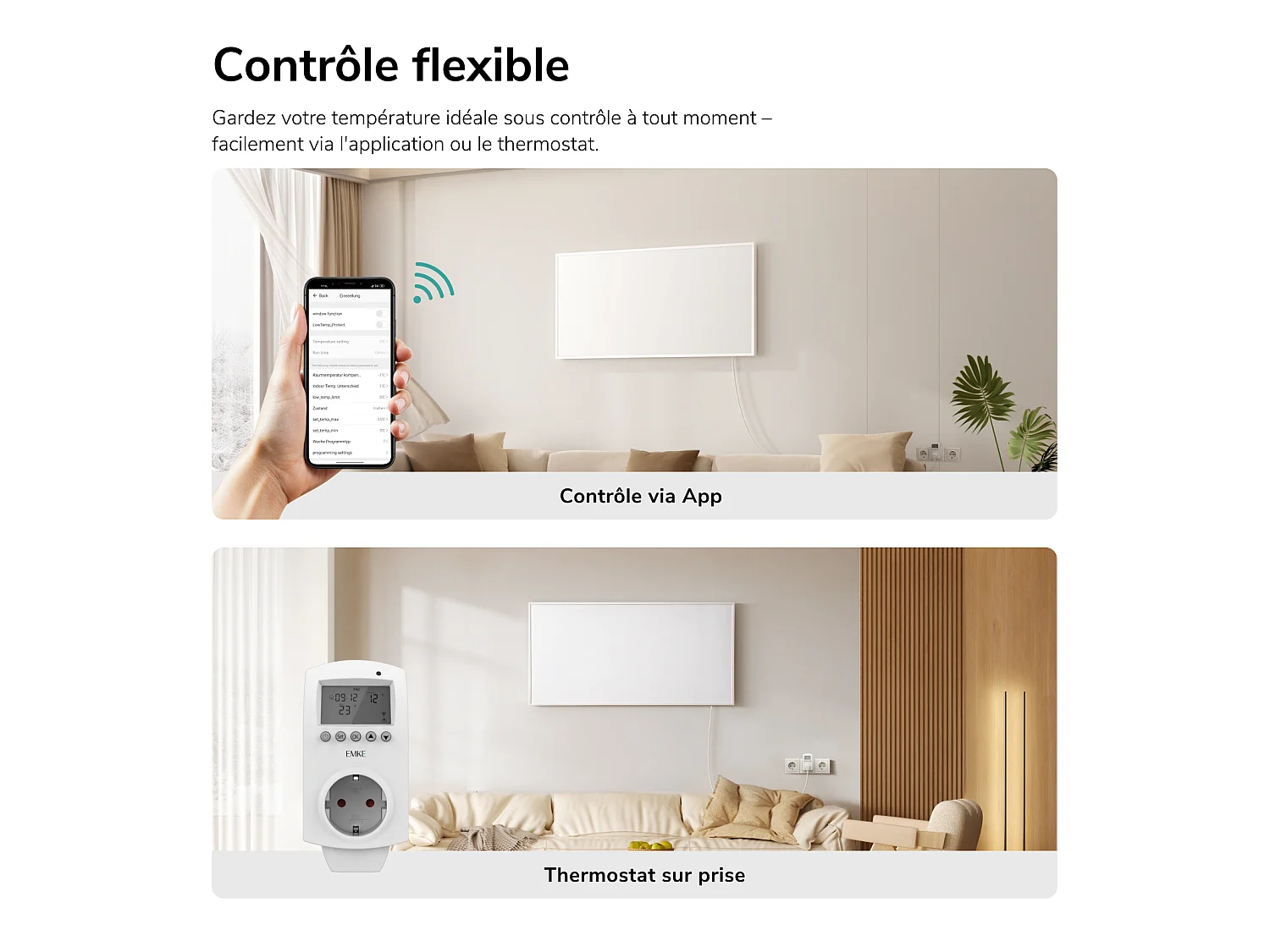 EMKE Radiateur Infrarouge 1000W, Panneau Chauffant Mural 119,5x59,5cm avec Thermostat WiFi Connecté, Blanc