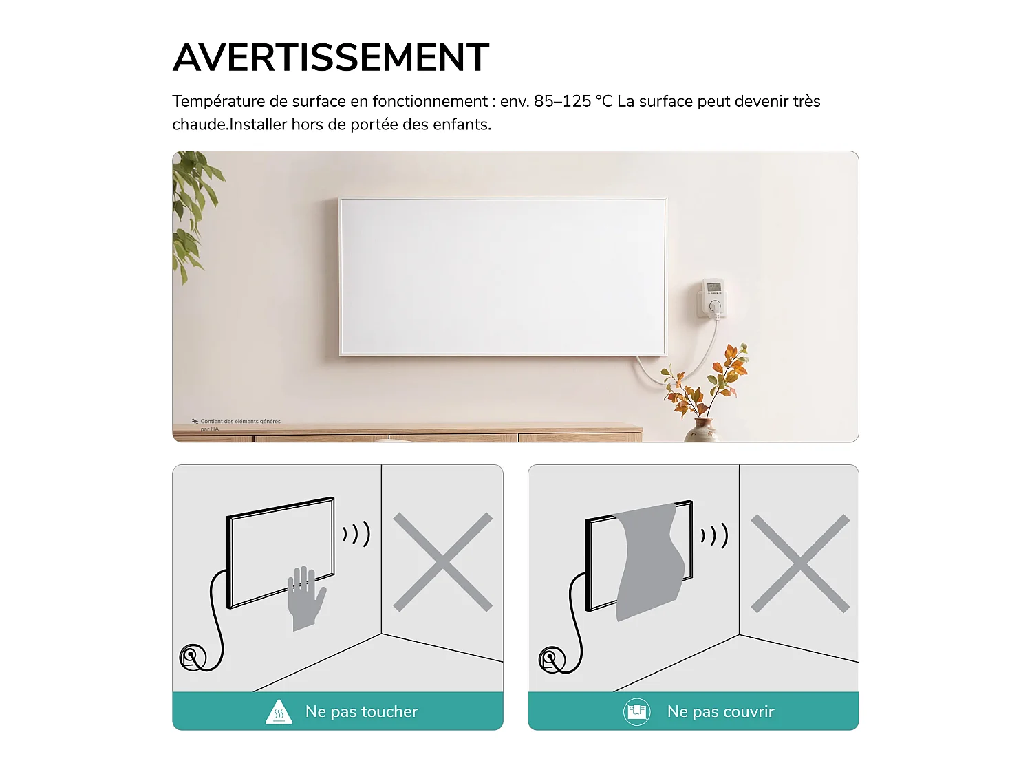 EMKE Radiateur Infrarouge 1000W, Panneau Chauffant Mural 119,5x59,5cm avec Thermostat WiFi Connecté, Blanc