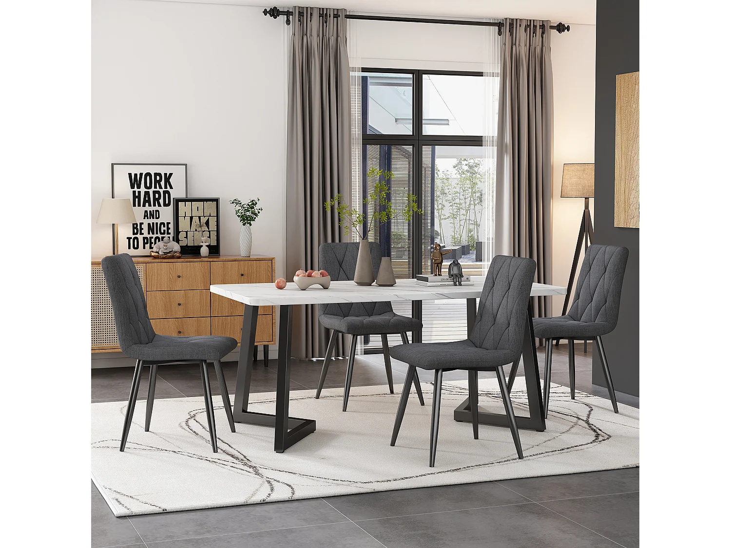 Conjunto de 4 cadeiras de jantar sem braços - 45 x 46 x 86 cm - tecido de linho e pés de metal - cinza escuro