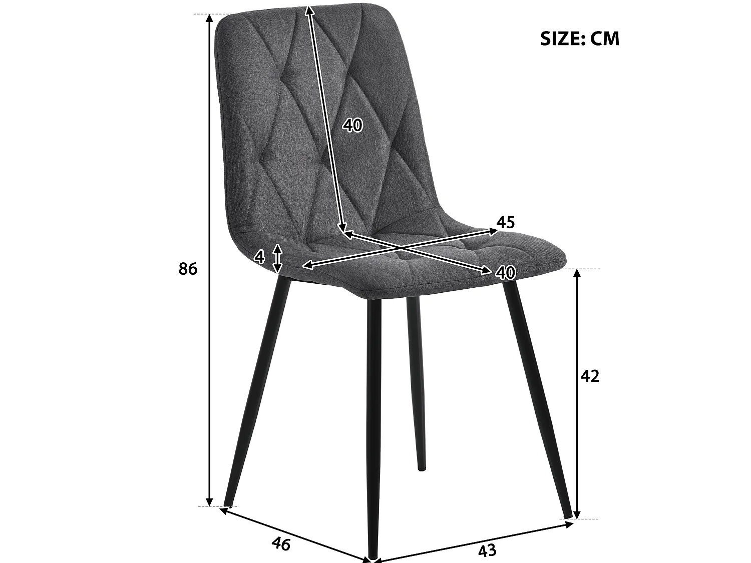 Conjunto de 4 cadeiras de jantar sem braços - 45 x 46 x 86 cm - tecido de linho e pés de metal - cinza escuro