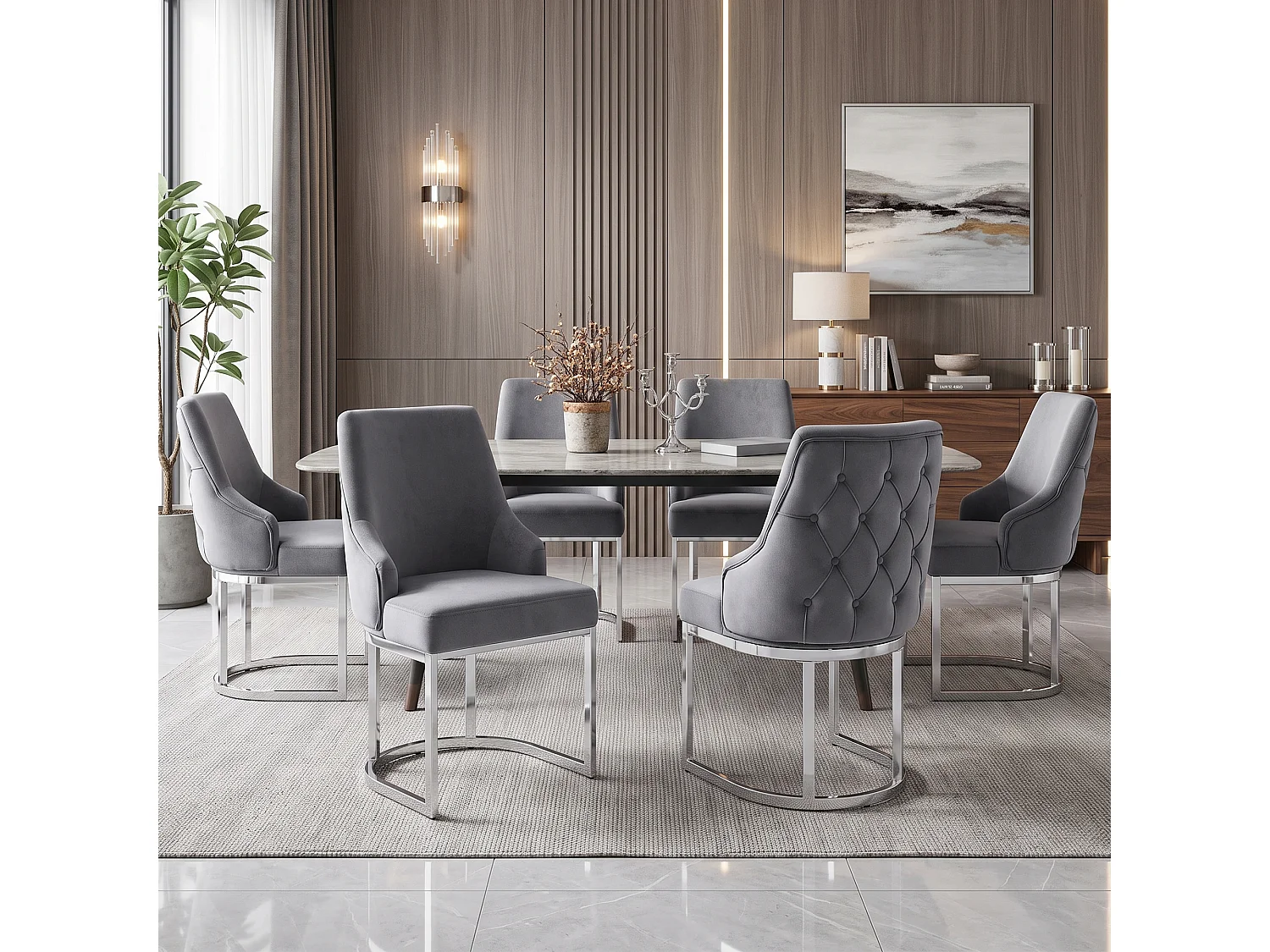Set di 2 sedie da pranzo senza braccioli con schienale trapuntato - Velluto e metallo - 59 x 55 x 89 cm - Grigio + argento