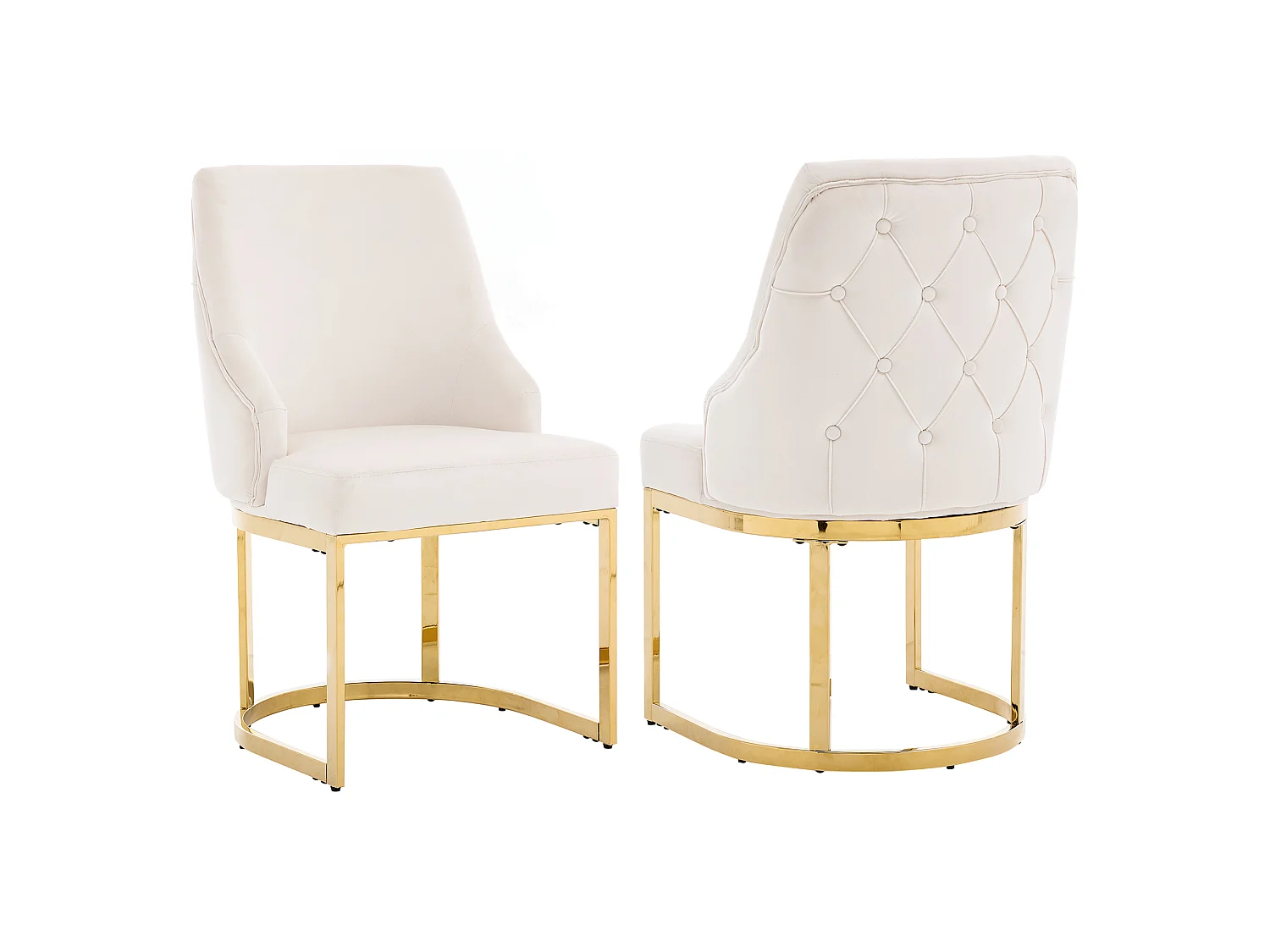 Set med 2 armstödslösa matstolar med tuftat ryggstöd - Sammet och metall - 59 x 55 x 89 cm - Beige + guld