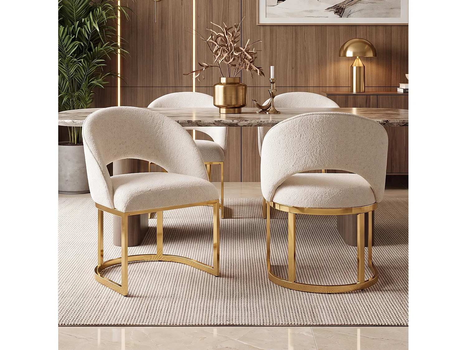 Sæt med 2 spisebordsstole med buet ryglæn og galvaniserede metalben - Bouclé stof - 59 x 56 x 80 cm - Beige + guld
