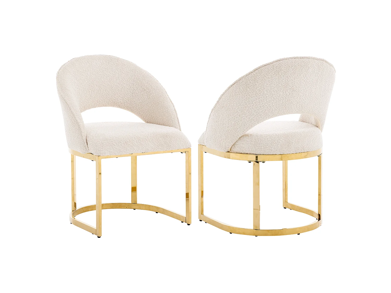 Sæt med 2 spisebordsstole med buet ryglæn og galvaniserede metalben - Bouclé stof - 59 x 56 x 80 cm - Beige + guld