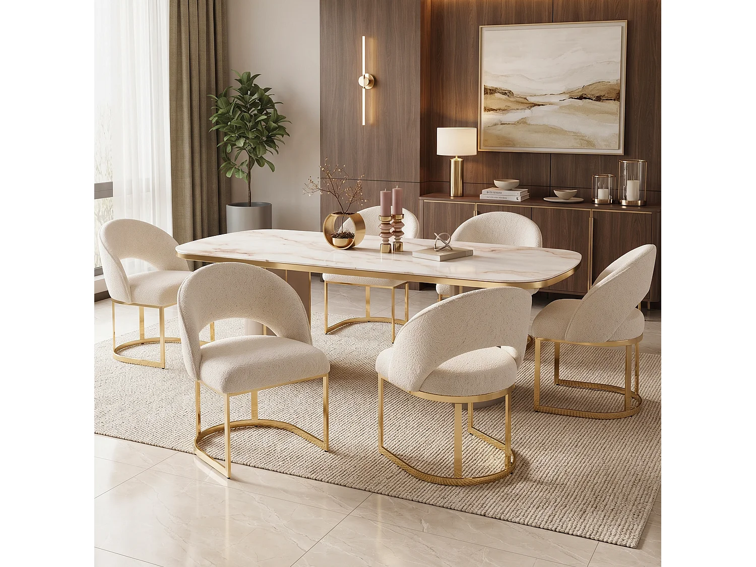 Lot de 4 chaises de salle à manger avec dossier incurvé et pieds en métal galvanisé - Tissu bouclé - 59 x 56 x 80 cm - Beige + or