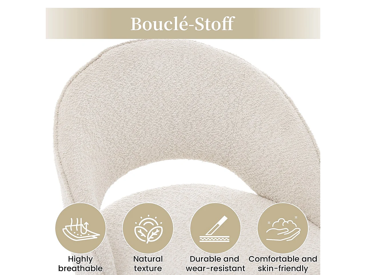Lot de 4 chaises de salle à manger avec dossier incurvé et pieds en métal galvanisé - Tissu bouclé - 59 x 56 x 80 cm - Beige + or