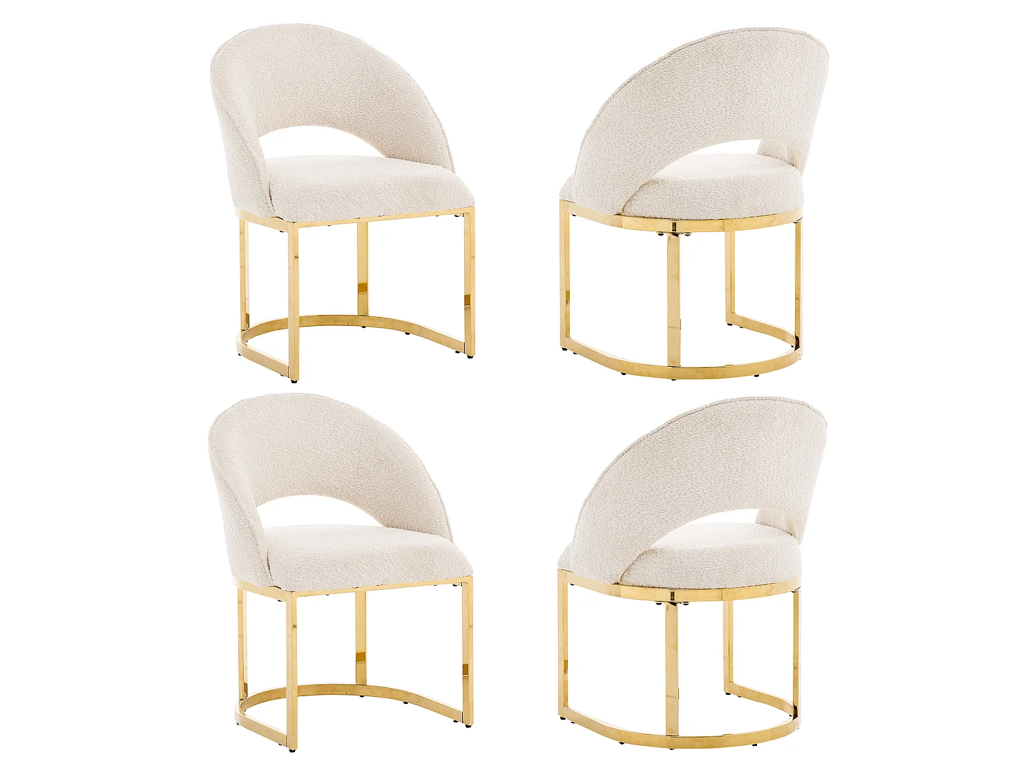 Lot de 4 chaises de salle à manger avec dossier incurvé et pieds en métal galvanisé - Tissu bouclé - 59 x 56 x 80 cm - Beige + or