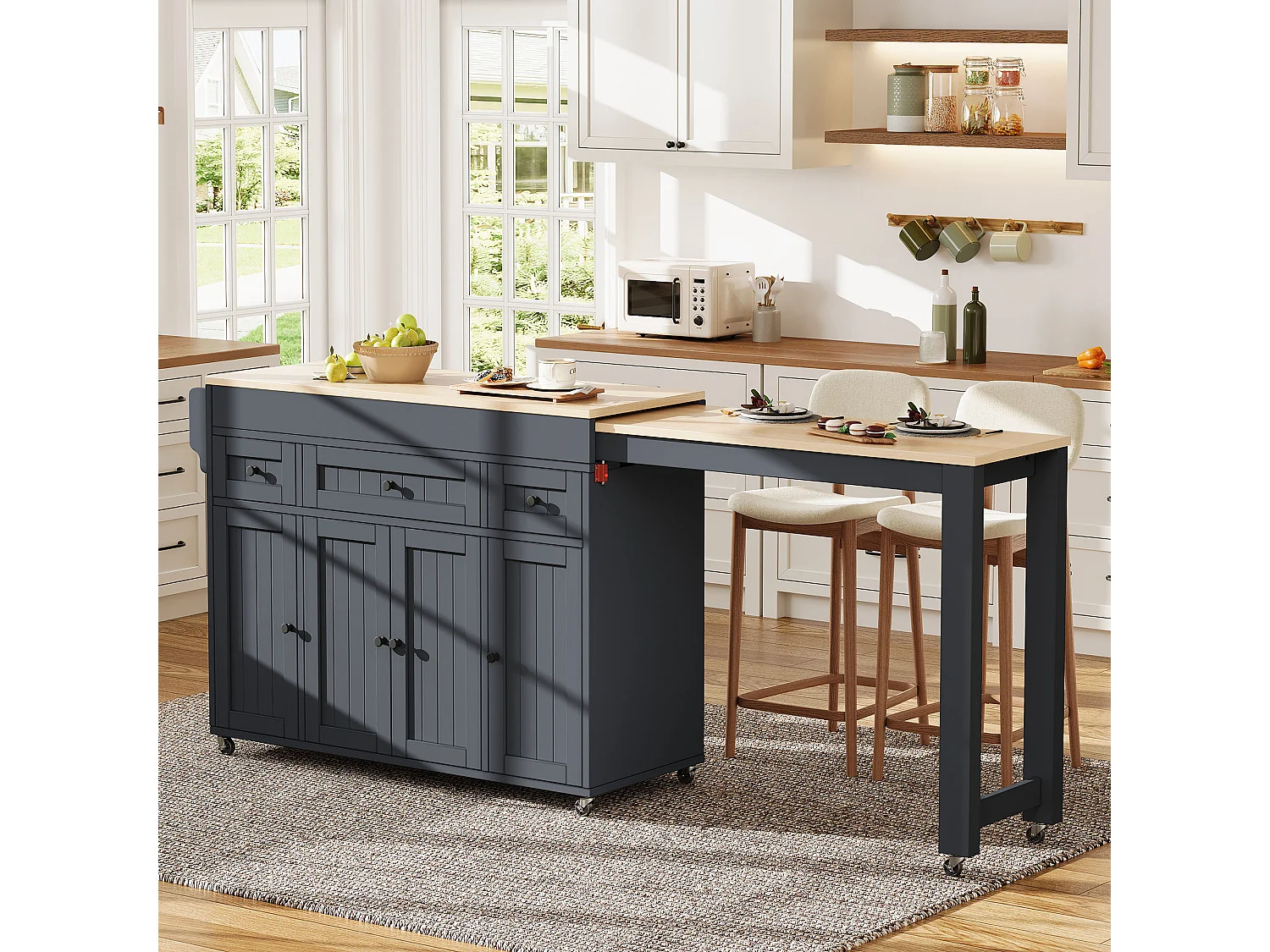 Ilha de cozinha extensível com rodízios, bancada, 3 gavetas e 4 portas – 137–190,6 x 45,2 x 92 cm – MDF – Cinza