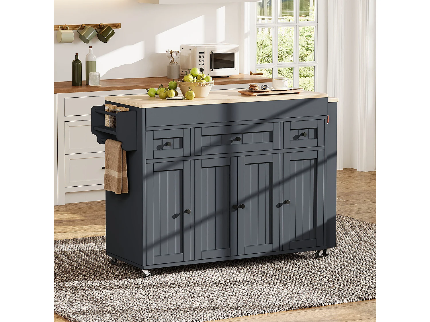 Ilha de cozinha extensível com rodízios, bancada, 3 gavetas e 4 portas – 137–190,6 x 45,2 x 92 cm – MDF – Cinza
