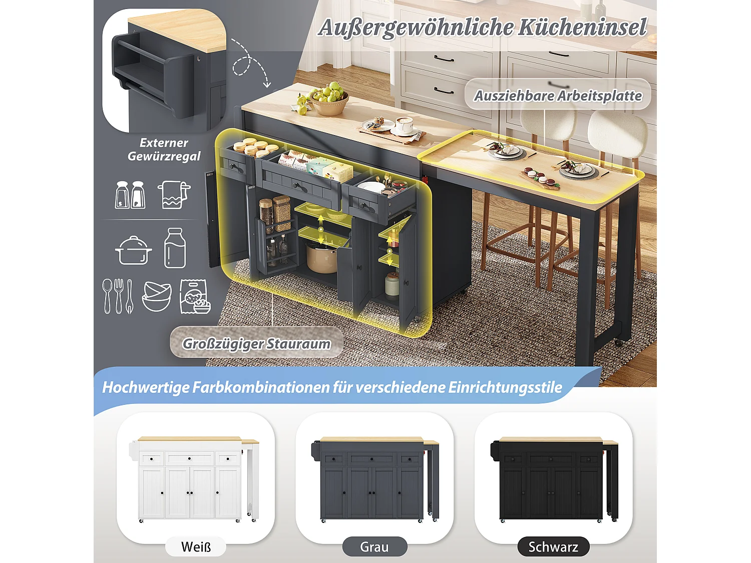 Ilha de cozinha extensível com rodízios, bancada, 3 gavetas e 4 portas – 137–190,6 x 45,2 x 92 cm – MDF – Cinza