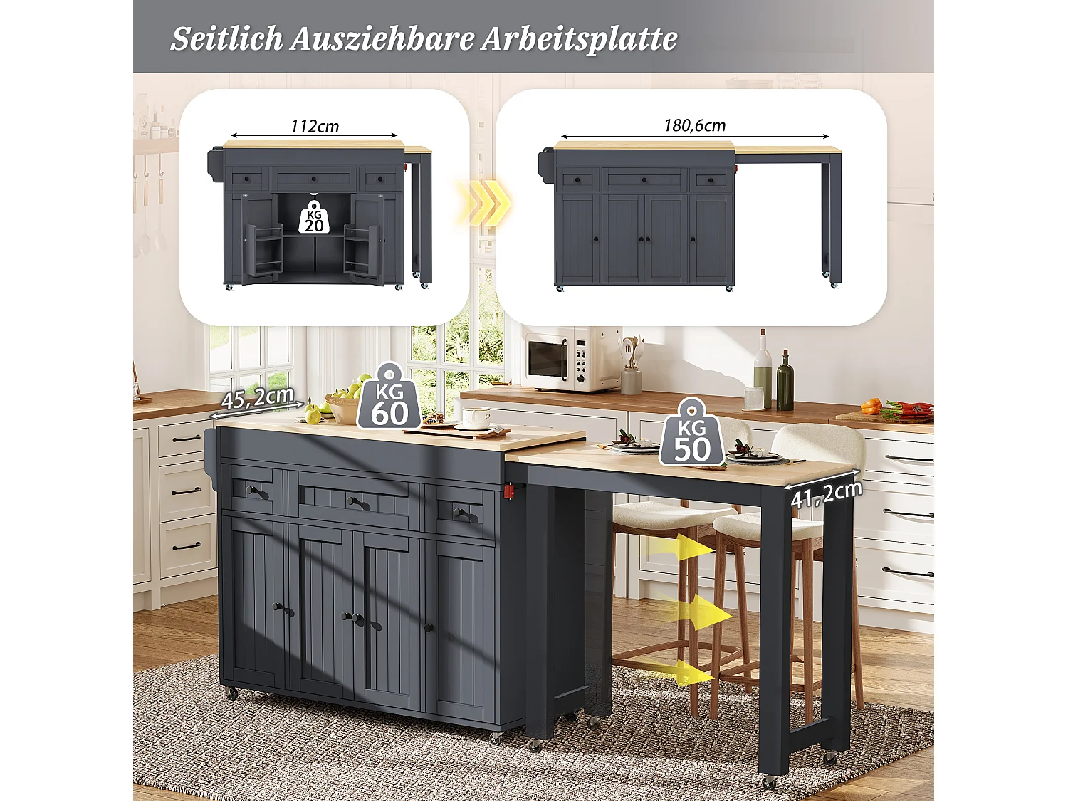 Ilha de cozinha extensível com rodízios, bancada, 3 gavetas e 4 portas – 137–190,6 x 45,2 x 92 cm – MDF – Cinza