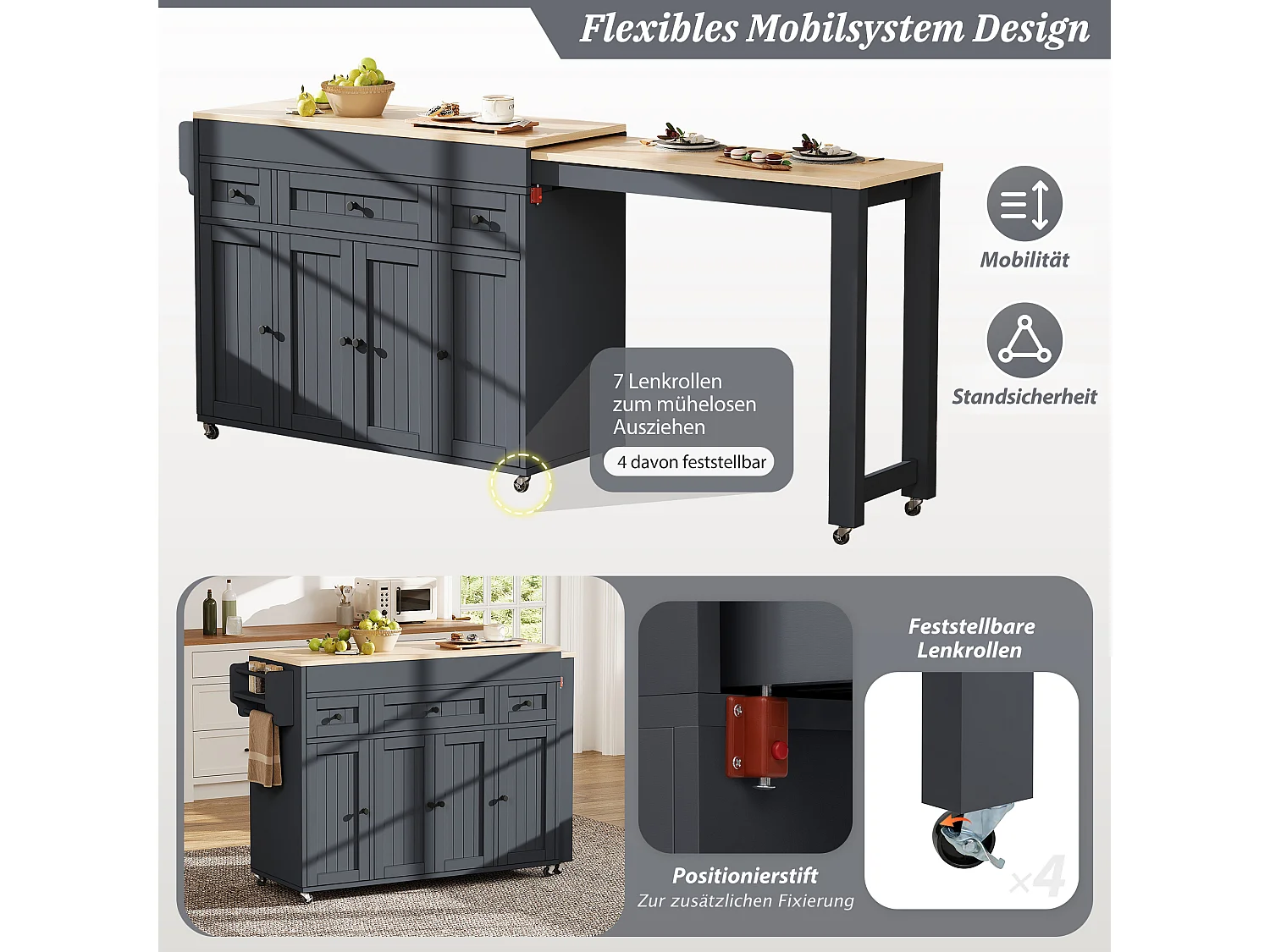 Ilha de cozinha extensível com rodízios, bancada, 3 gavetas e 4 portas – 137–190,6 x 45,2 x 92 cm – MDF – Cinza