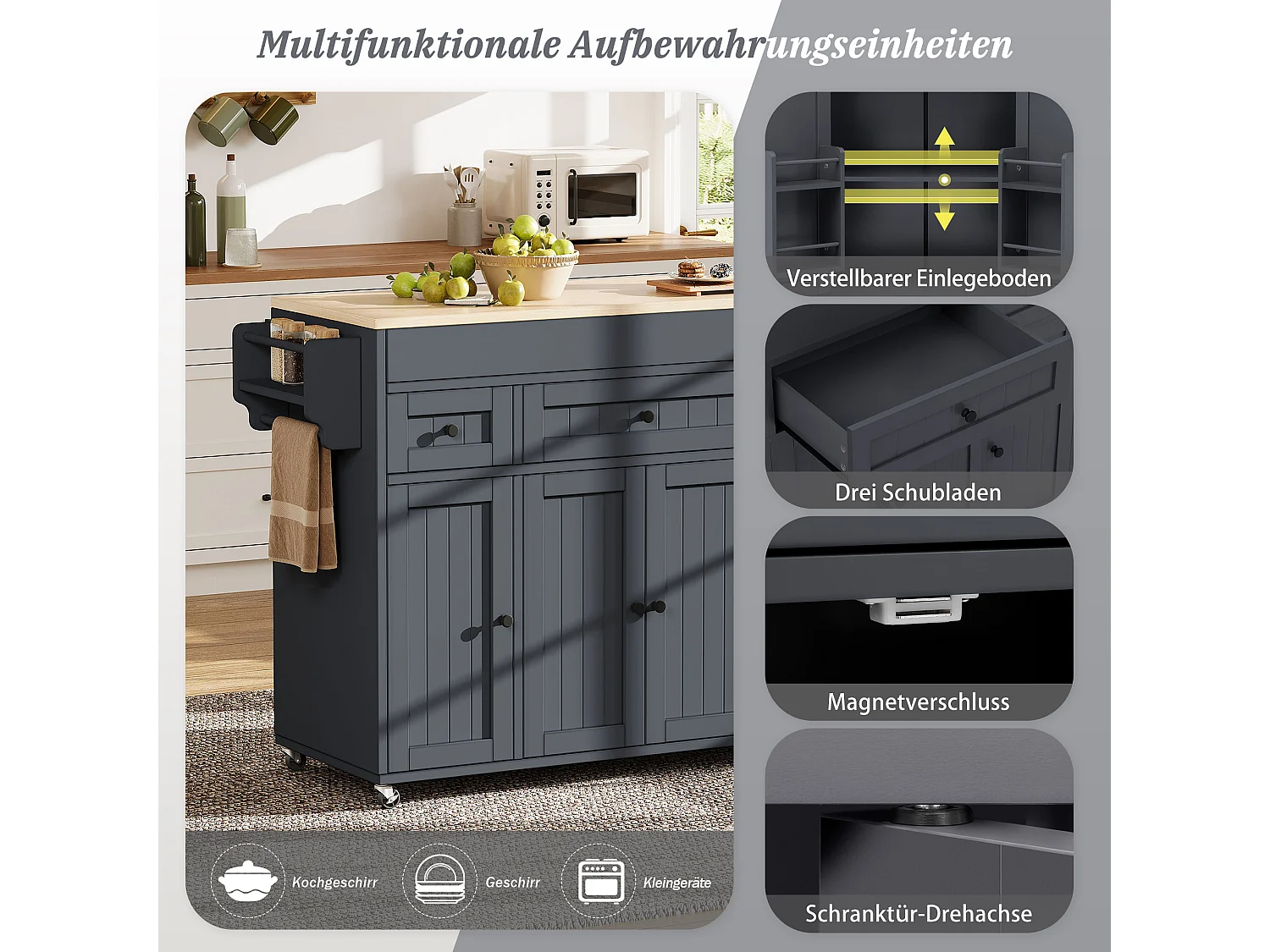 Ilha de cozinha extensível com rodízios, bancada, 3 gavetas e 4 portas – 137–190,6 x 45,2 x 92 cm – MDF – Cinza