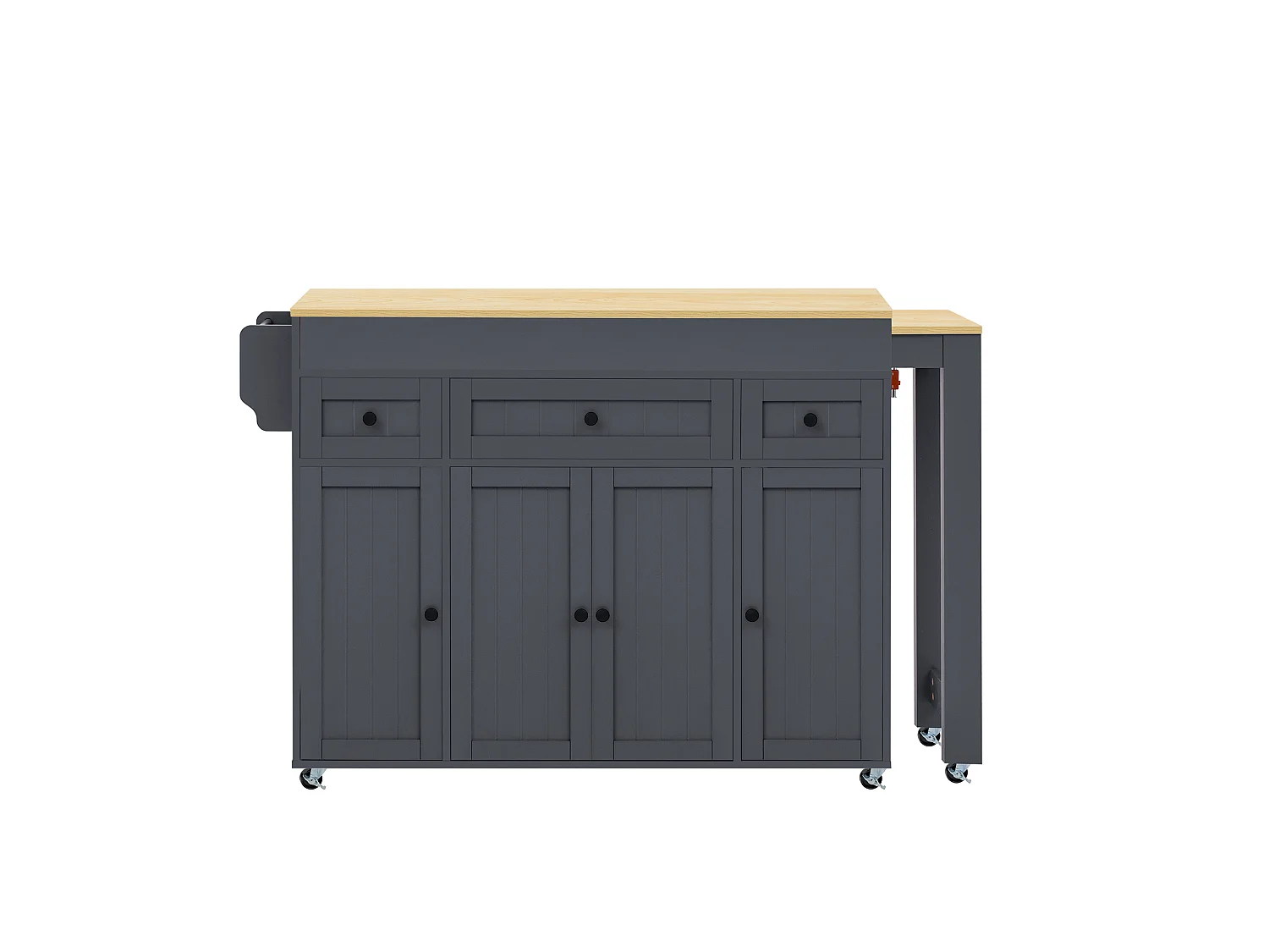 Ilha de cozinha extensível com rodízios, bancada, 3 gavetas e 4 portas – 137–190,6 x 45,2 x 92 cm – MDF – Cinza