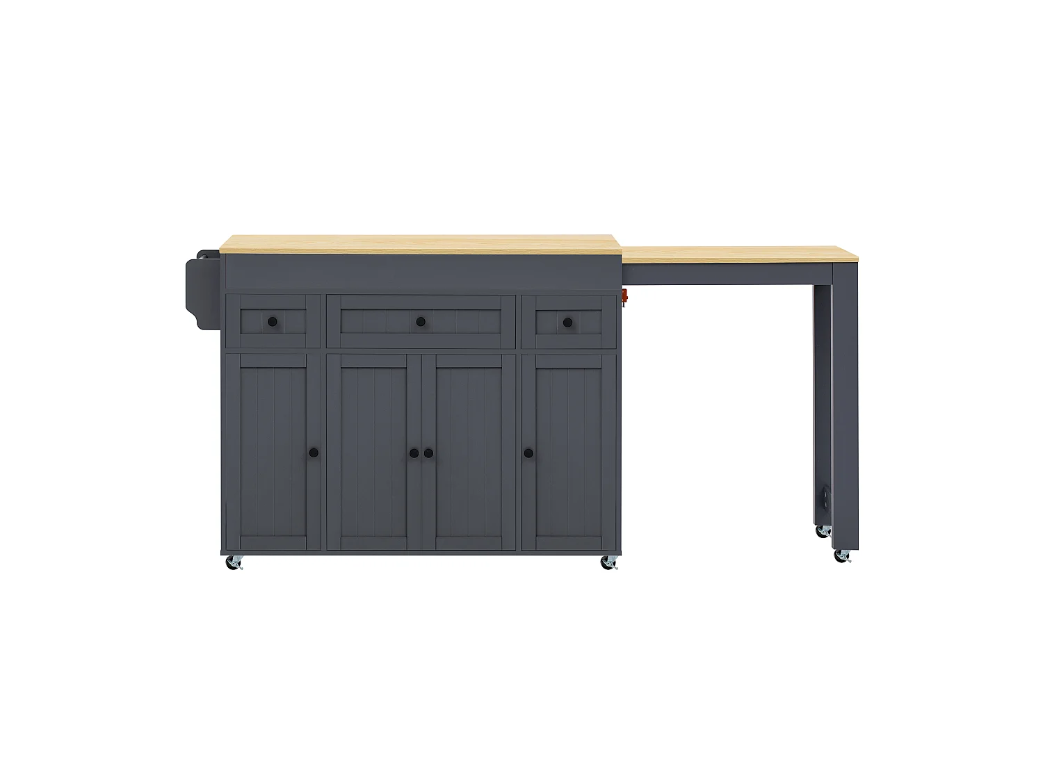Ilha de cozinha extensível com rodízios, bancada, 3 gavetas e 4 portas – 137–190,6 x 45,2 x 92 cm – MDF – Cinza