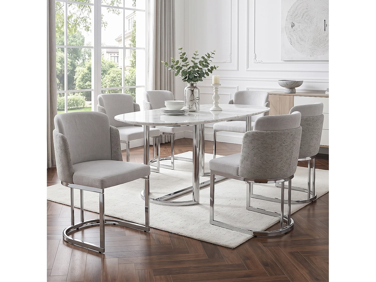 Lot de 6 chaises de salle à manger sans accoudoirs - Chenille et métal galvanisé - 59 x 52 x 85 cm - Gris clair + argent