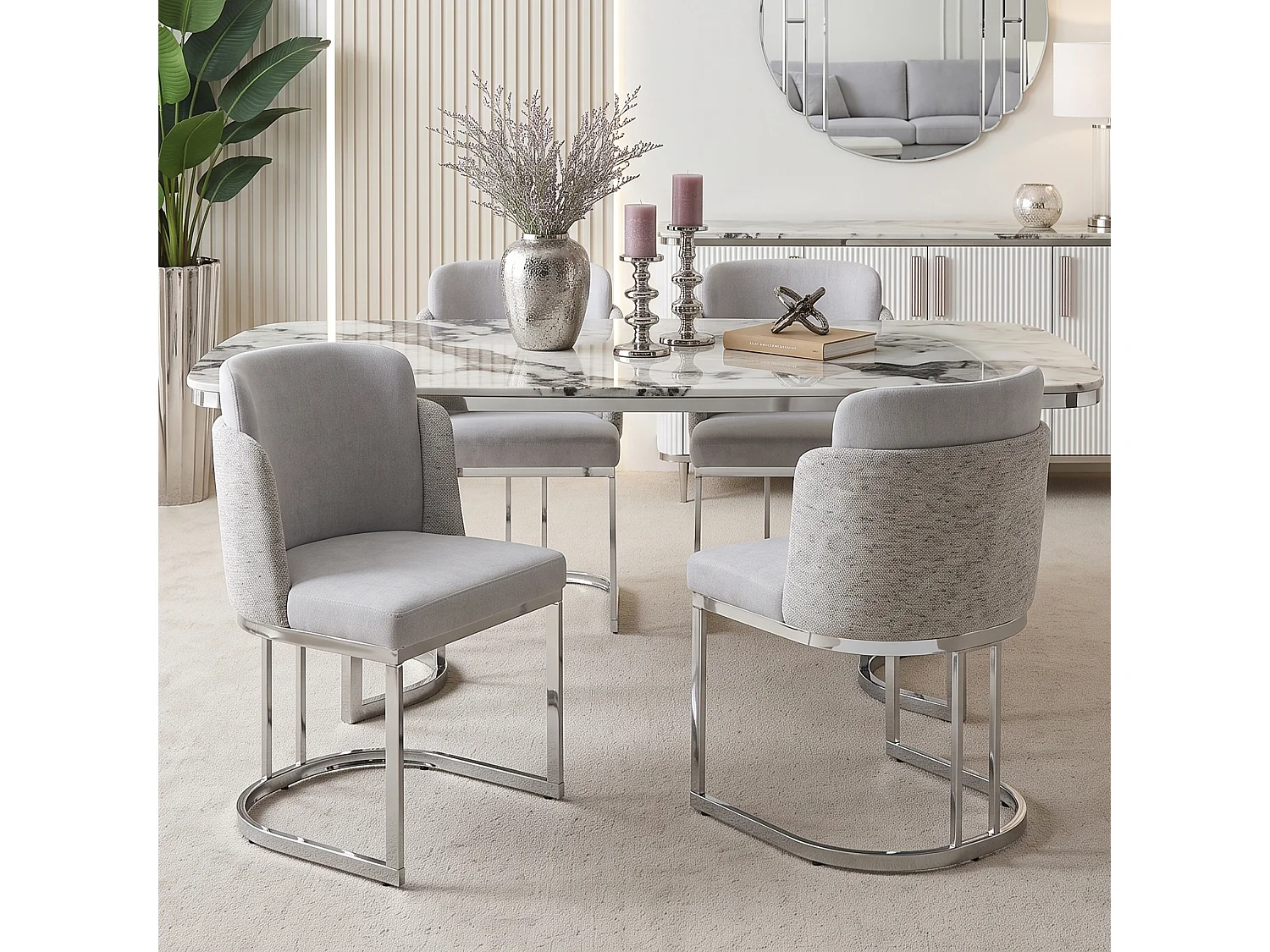 Lot de 6 chaises de salle à manger sans accoudoirs - Chenille et métal galvanisé - 59 x 52 x 85 cm - Gris clair + argent