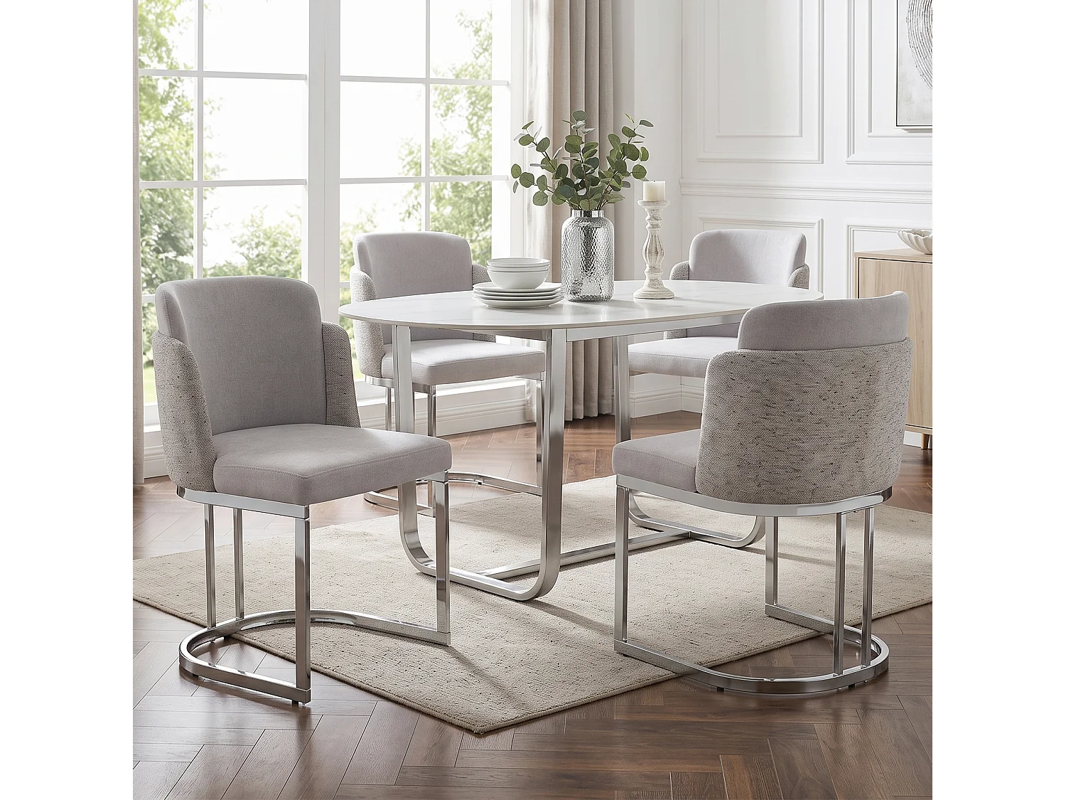 Lot de 6 chaises de salle à manger sans accoudoirs - Chenille et métal galvanisé - 59 x 52 x 85 cm - Gris clair + argent