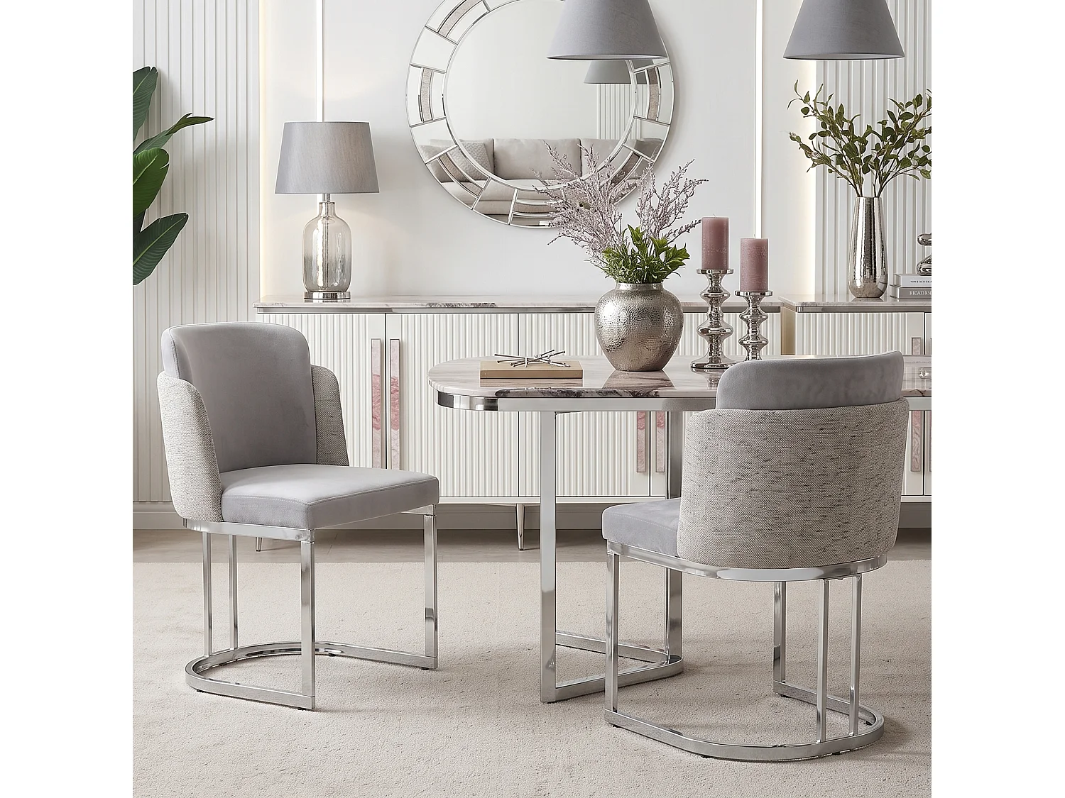 Lot de 6 chaises de salle à manger sans accoudoirs - Chenille et métal galvanisé - 59 x 52 x 85 cm - Gris clair + argent