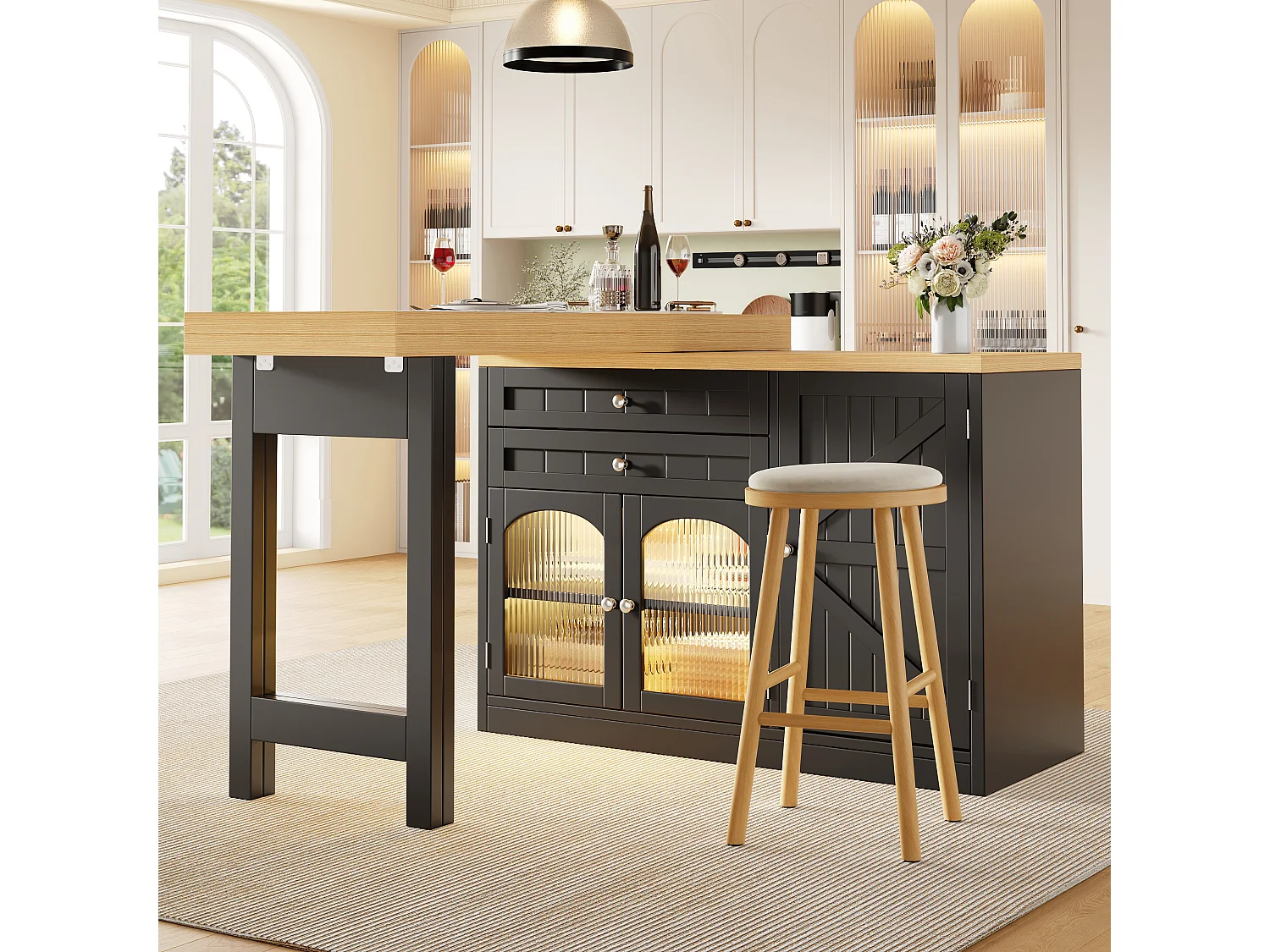 Utdragbar köksö med 360° vridbar och fällbar topp, 3 dörrar och 2 lådor – 120–194 x 40 x 73,5 cm – MDF/metall – Svart