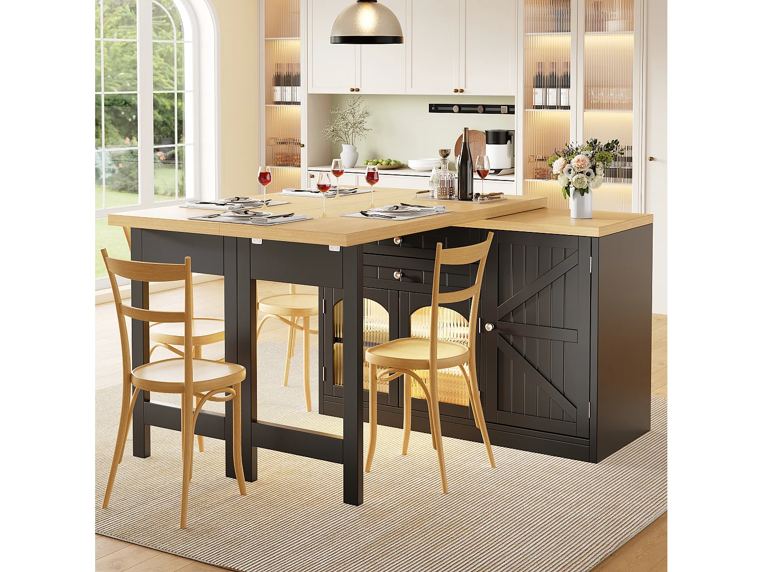 Utdragbar köksö med 360° vridbar och fällbar topp, 3 dörrar och 2 lådor – 120–194 x 40 x 73,5 cm – MDF/metall – Svart