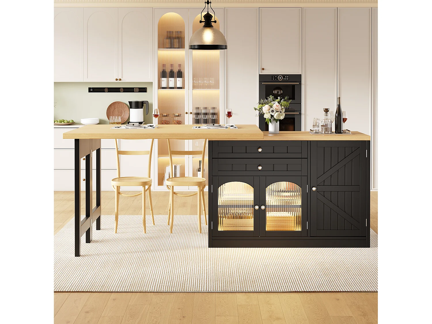 Utdragbar köksö med 360° vridbar och fällbar topp, 3 dörrar och 2 lådor – 120–194 x 40 x 73,5 cm – MDF/metall – Svart