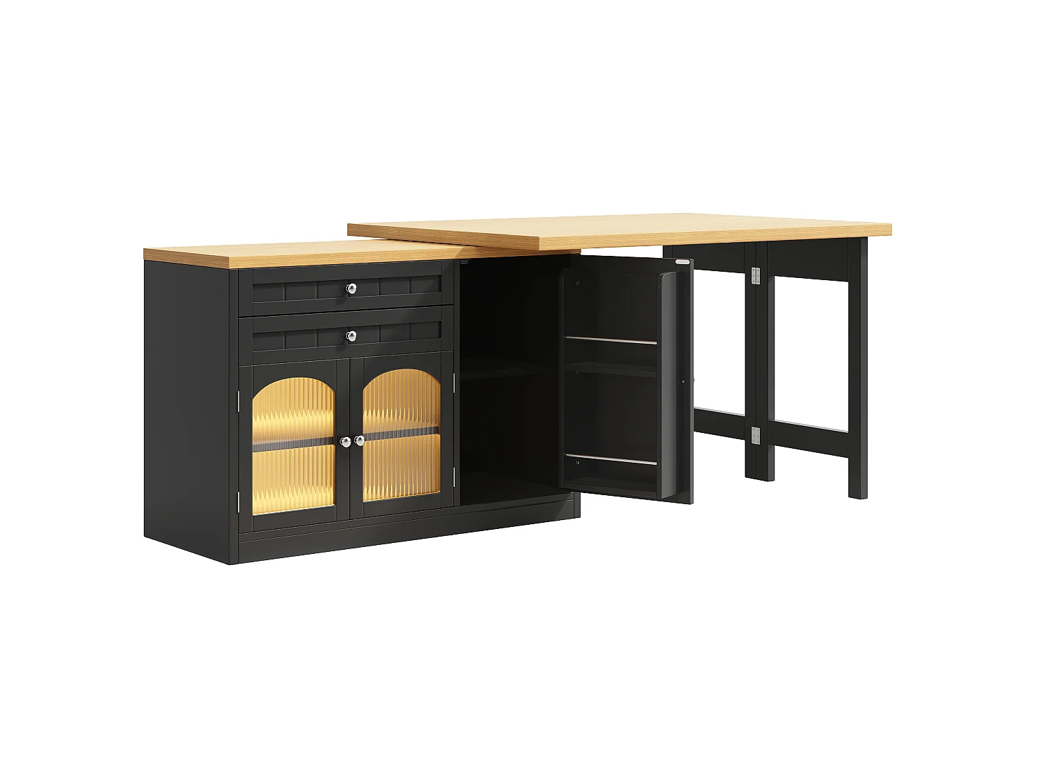 Utdragbar köksö med 360° vridbar och fällbar topp, 3 dörrar och 2 lådor – 120–194 x 40 x 73,5 cm – MDF/metall – Svart