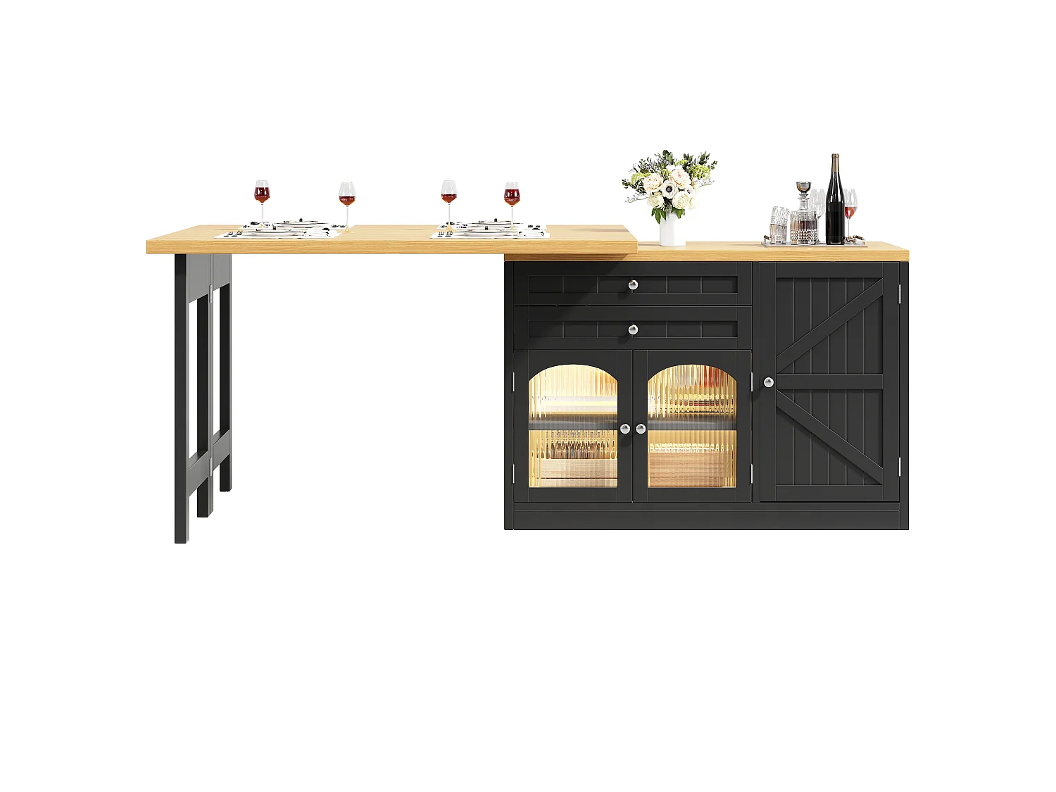 Utdragbar köksö med 360° vridbar och fällbar topp, 3 dörrar och 2 lådor – 120–194 x 40 x 73,5 cm – MDF/metall – Svart