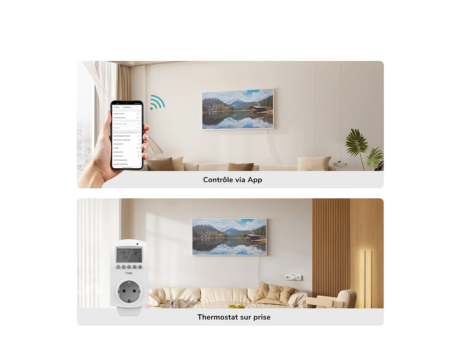 EMKE Radiateur Infrarouge 1200W, Panneau Chauffant Décoratif Mural 119,5x59,5cm, Thermostat WiFi Connecté,