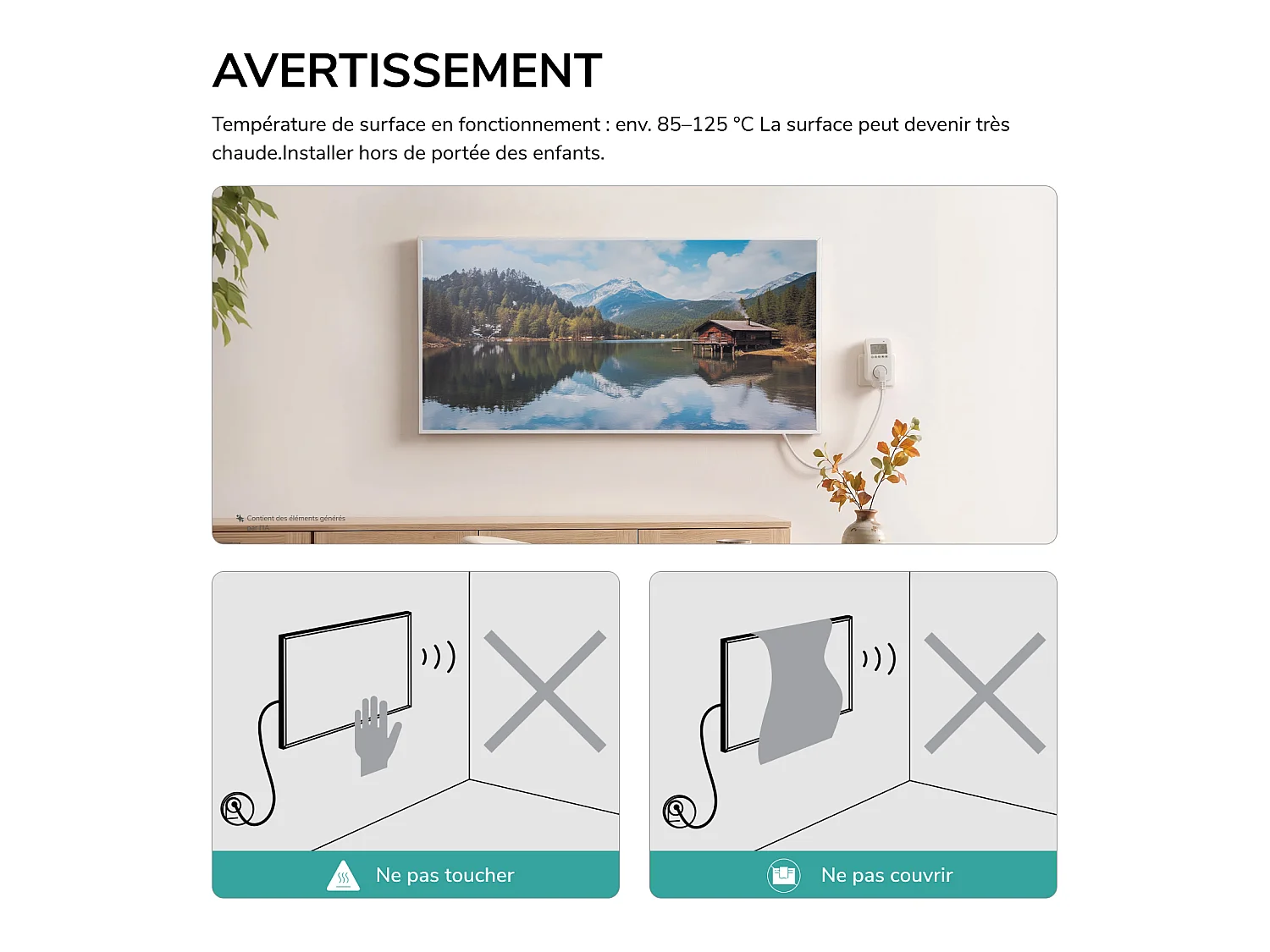 EMKE Radiateur Infrarouge 1200W, Panneau Chauffant Décoratif Mural 119,5x59,5cm, Thermostat WiFi Connecté,