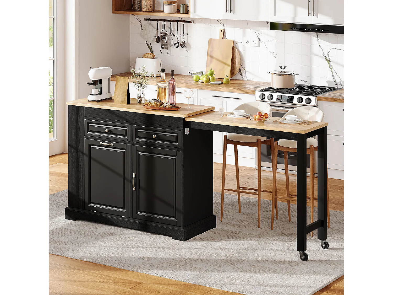 Utdragbar köksö med papperskorg, matplats, 2 dörrar och 2 lådor – 112–180 x 45 x 92 cm – MDF – Svart