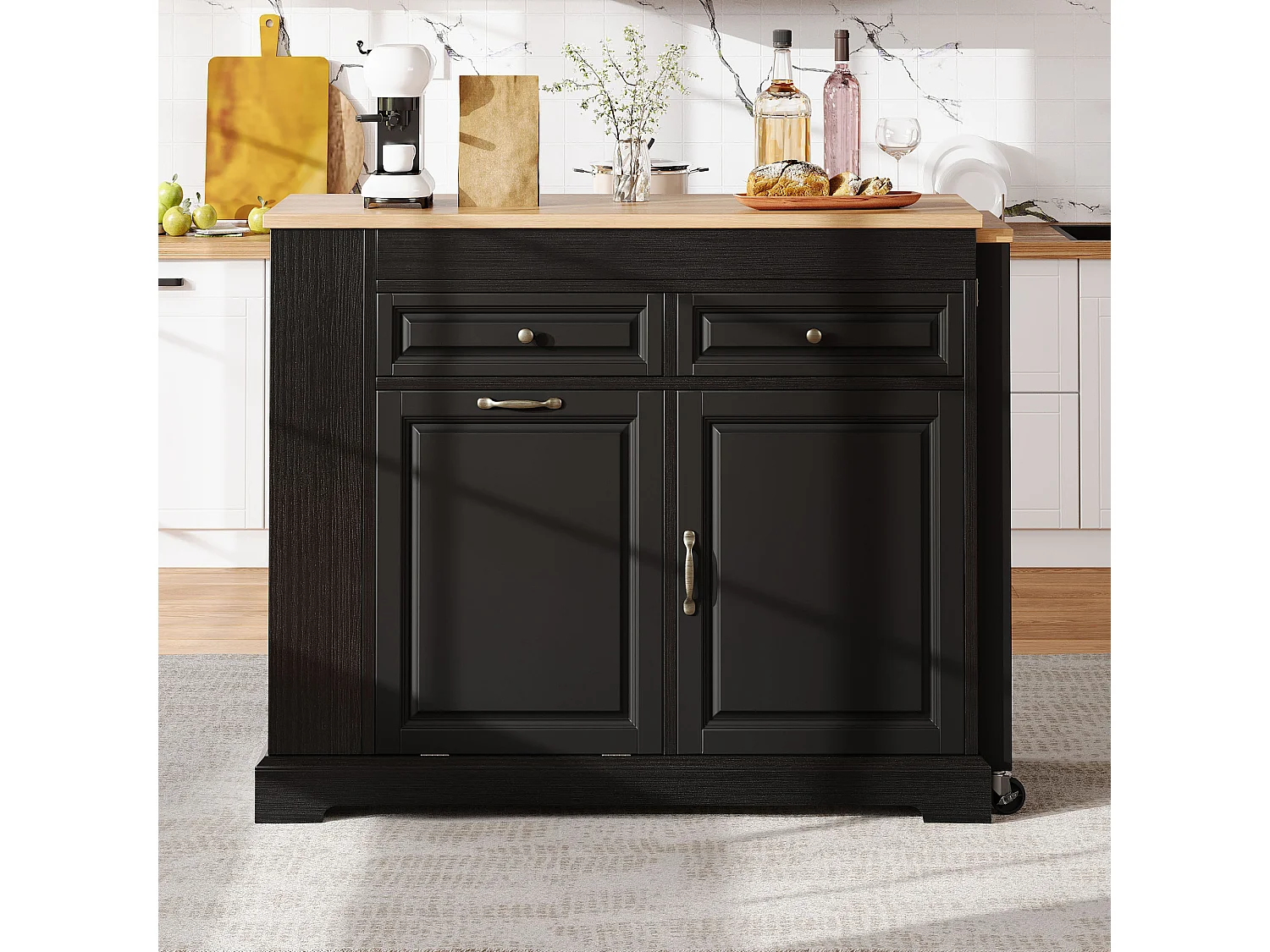 Utdragbar köksö med papperskorg, matplats, 2 dörrar och 2 lådor – 112–180 x 45 x 92 cm – MDF – Svart