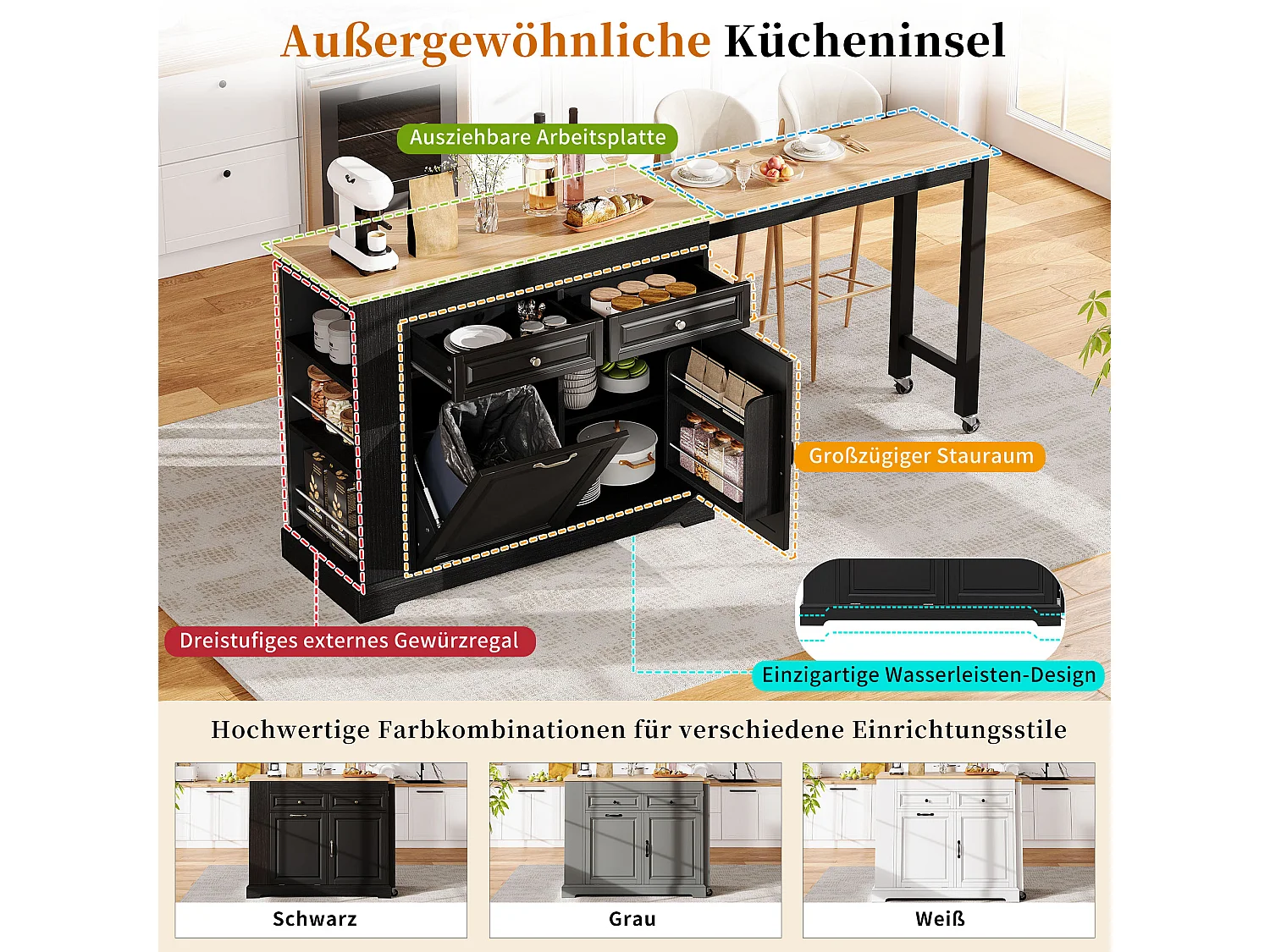 Utdragbar köksö med papperskorg, matplats, 2 dörrar och 2 lådor – 112–180 x 45 x 92 cm – MDF – Svart